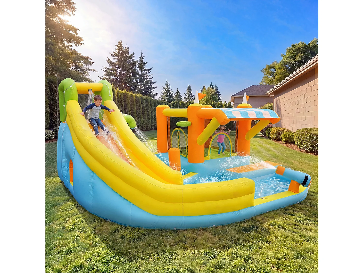 Château gonflable pour enfants（3-10 ans) 4 places - 433 x 375 x 165 cm - avec toboggan + piscine + souffleur - Oxford - Multicolore