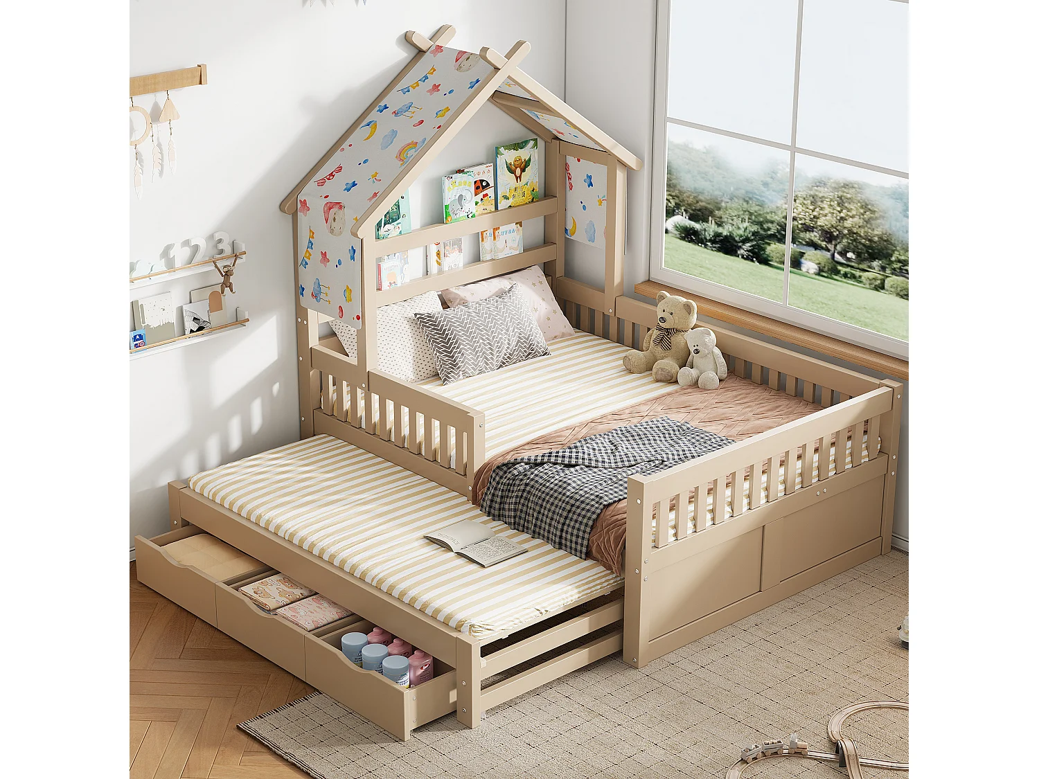 Lit plateforme en bois - 140 x 200 cm - avec lit gigogne 90 x 190 cm + tiroirs + barrières de sécurité - naturel