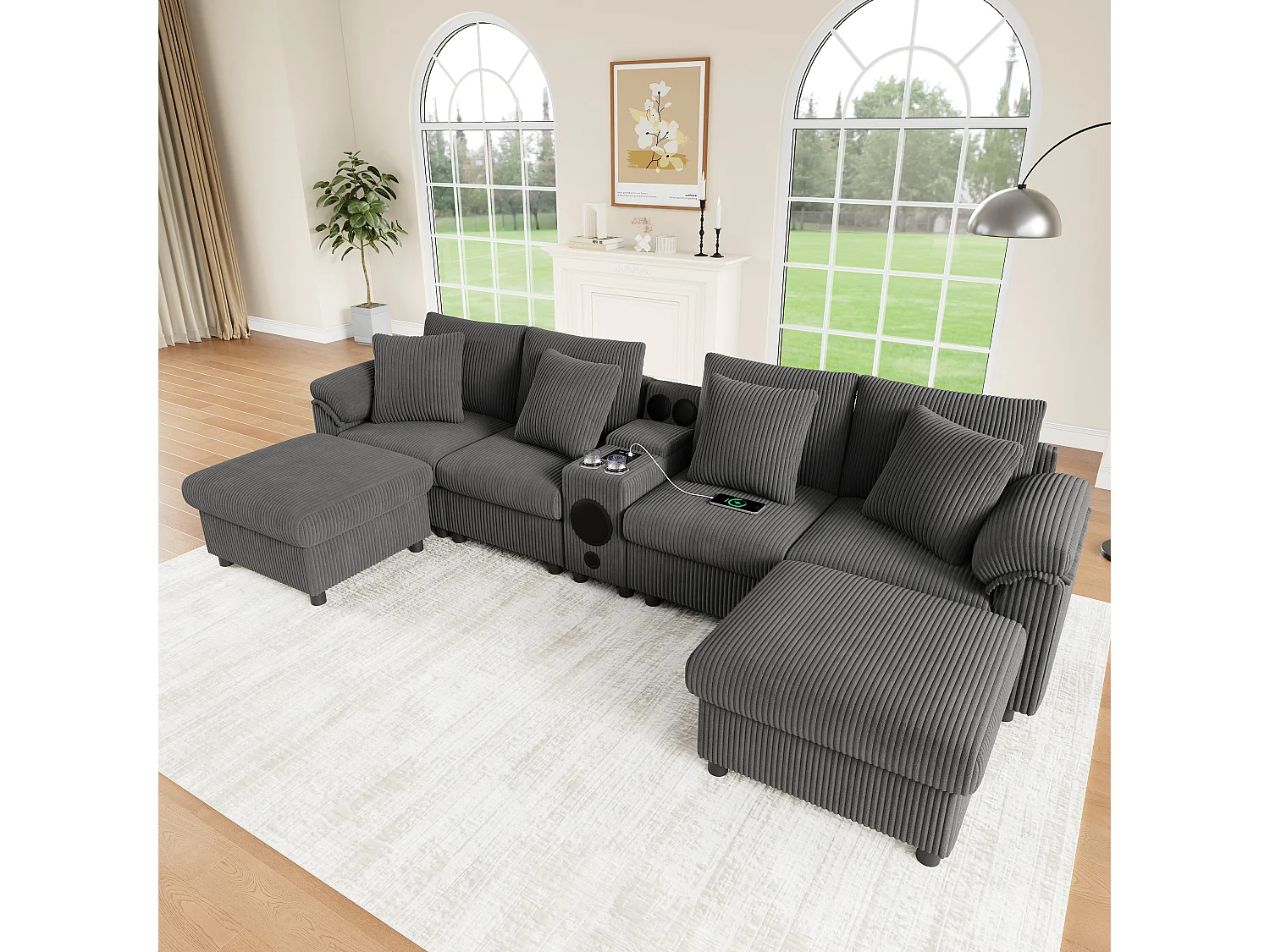 Canapé d'angle modulable 6 places - 315.5 x 144 x 84.5 cm - avec enceinte Bluetooth + USB + coussins + rangement - velours - gris