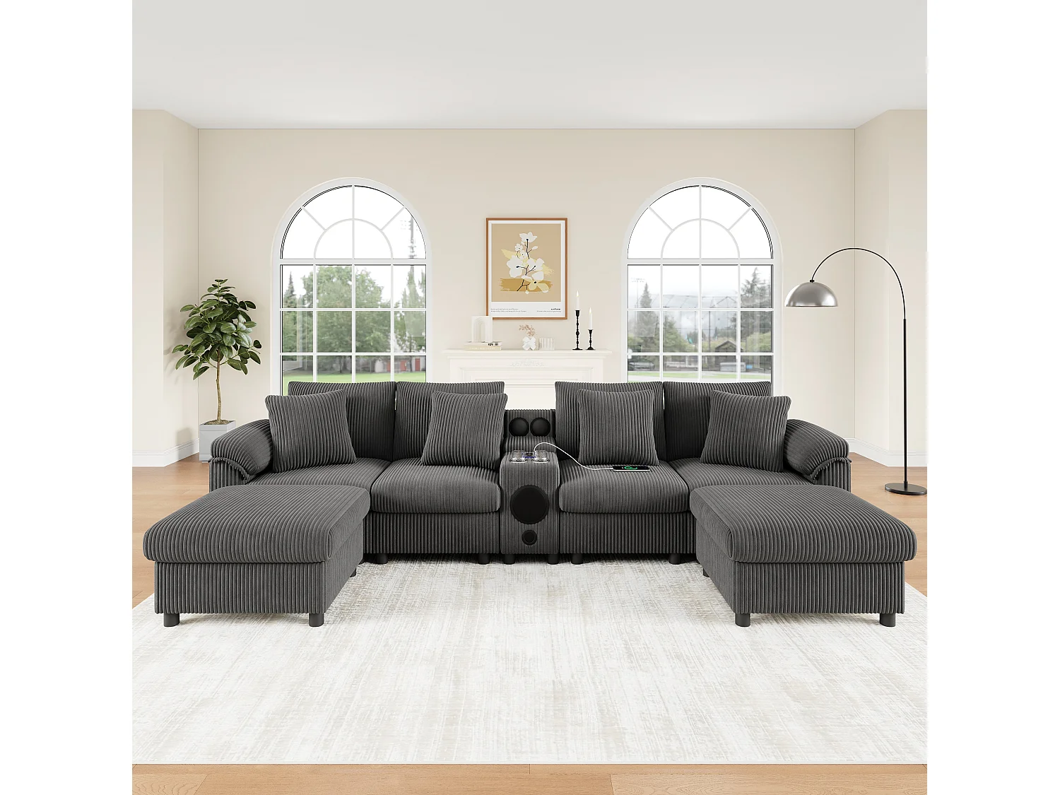 Canapé d'angle modulable 6 places - 315.5 x 144 x 84.5 cm - avec enceinte Bluetooth + USB + coussins + rangement - velours - gris