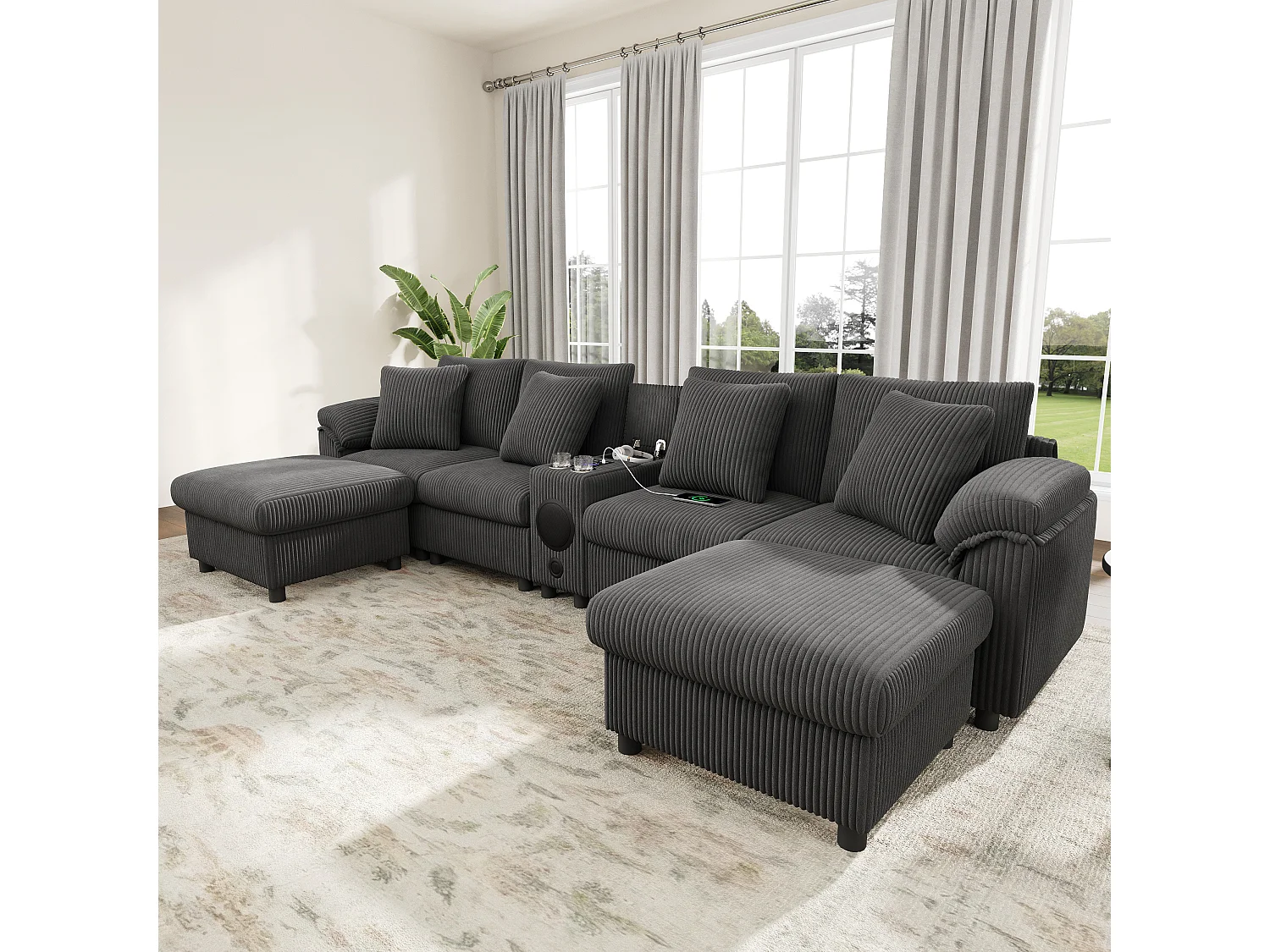 Canapé d'angle modulable 6 places - 315.5 x 144 x 84.5 cm - avec enceinte Bluetooth + USB + coussins + rangement - velours - gris