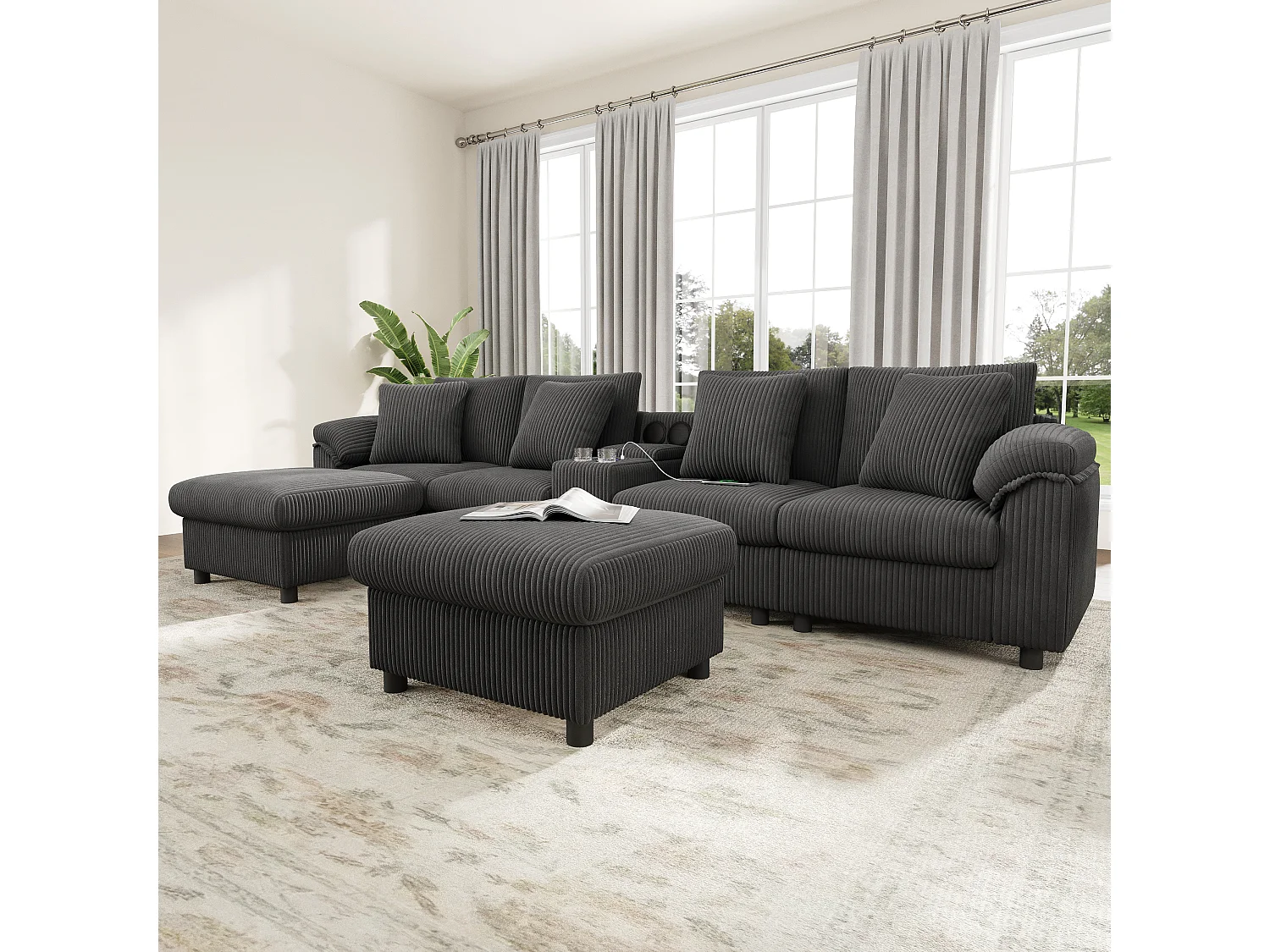 Canapé d'angle modulable 6 places - 315.5 x 144 x 84.5 cm - avec enceinte Bluetooth + USB + coussins + rangement - velours - gris