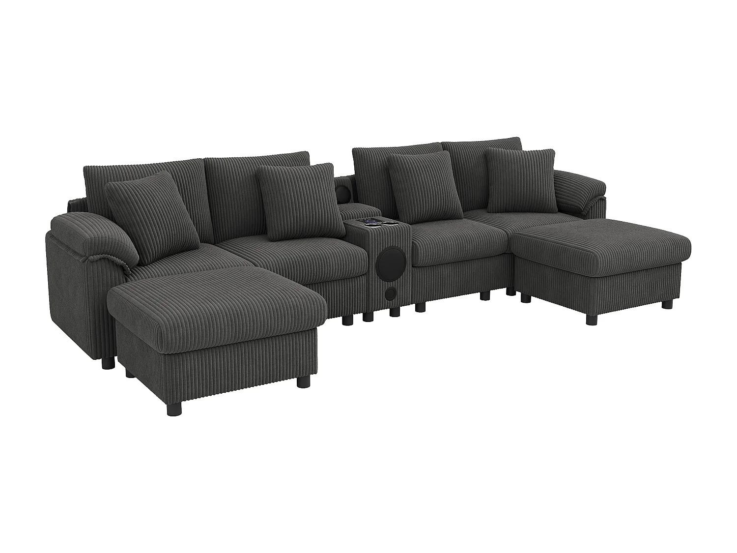 Canapé d'angle modulable 6 places - 315.5 x 144 x 84.5 cm - avec enceinte Bluetooth + USB + coussins + rangement - velours - gris