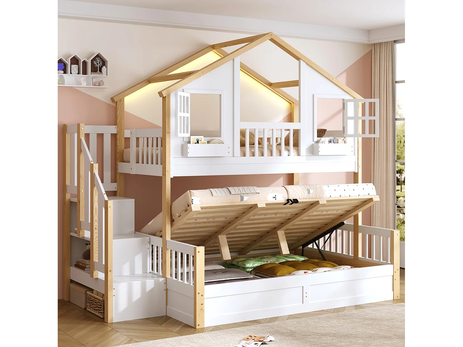 Enfamt Etagenbett – 90 x 200 cm + 140 x 200 cm – mit hydraulischer Betthöhenverstellung, LED-Beleuchtung und Leiter mit Stauraum – Holz – weiß und natur