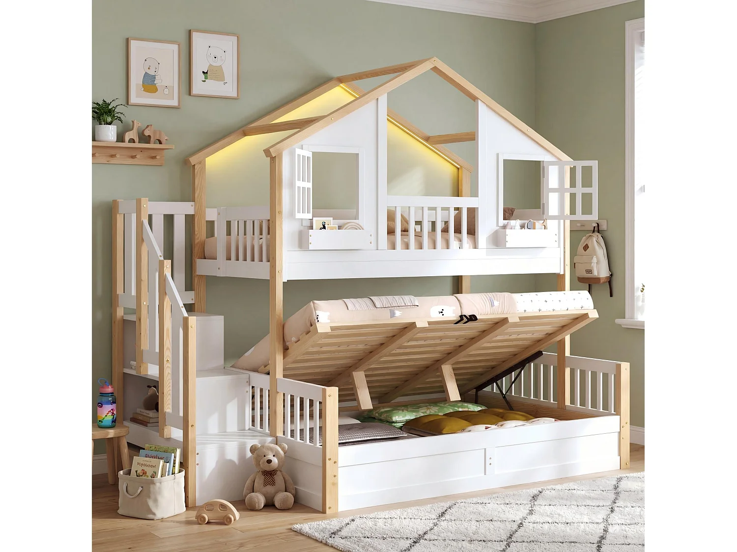 Enfamt Etagenbett – 90 x 200 cm + 140 x 200 cm – mit hydraulischer Betthöhenverstellung, LED-Beleuchtung und Leiter mit Stauraum – Holz – weiß und natur
