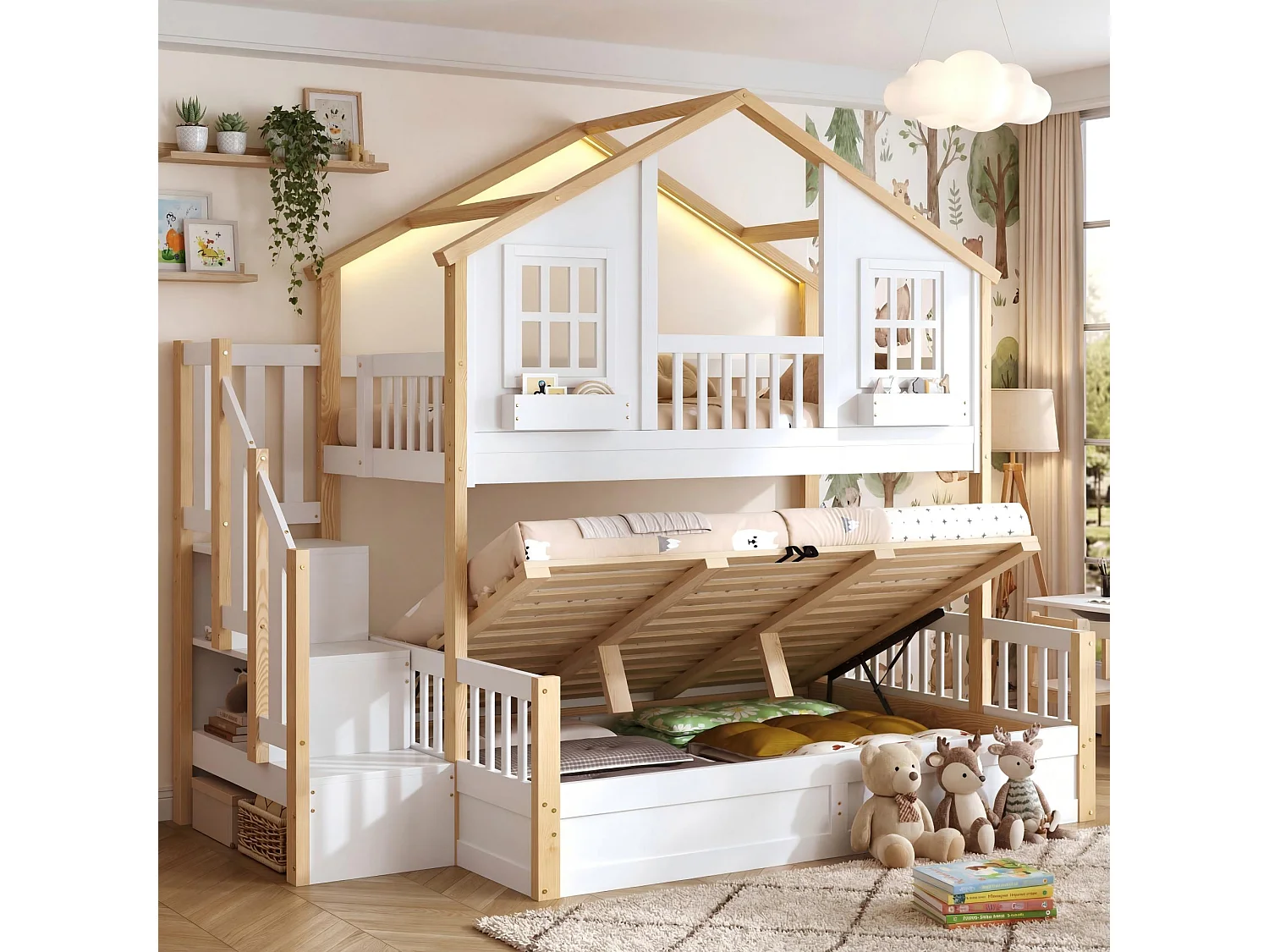 Enfamt Etagenbett – 90 x 200 cm + 140 x 200 cm – mit hydraulischer Betthöhenverstellung, LED-Beleuchtung und Leiter mit Stauraum – Holz – weiß und natur