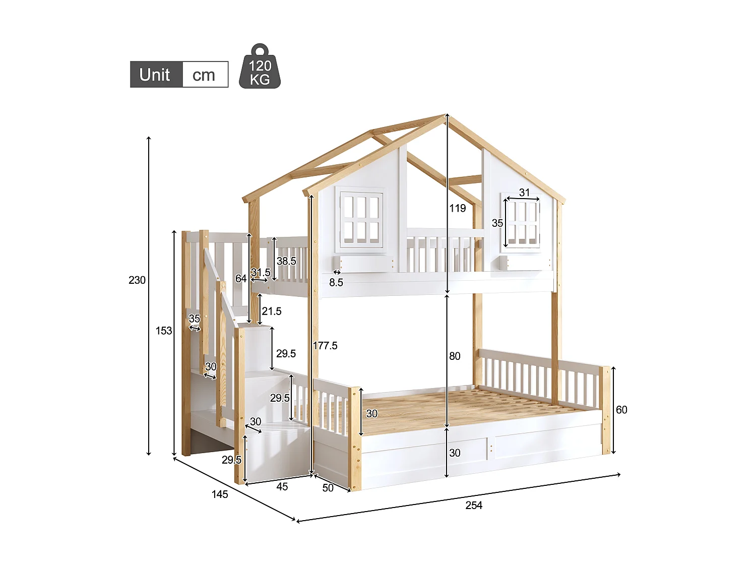 Enfamt Etagenbett – 90 x 200 cm + 140 x 200 cm – mit hydraulischer Betthöhenverstellung, LED-Beleuchtung und Leiter mit Stauraum – Holz – weiß und natur