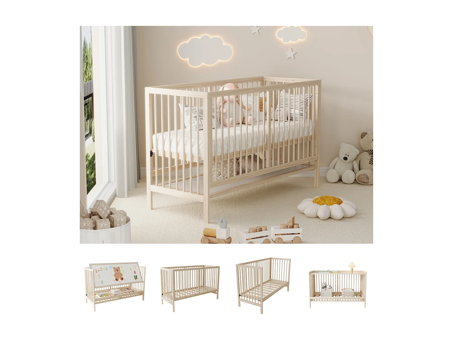 Cuna de madera multifuncional para bebé - 140 x 60 x 90 cm - convertible - sin colchón - natural