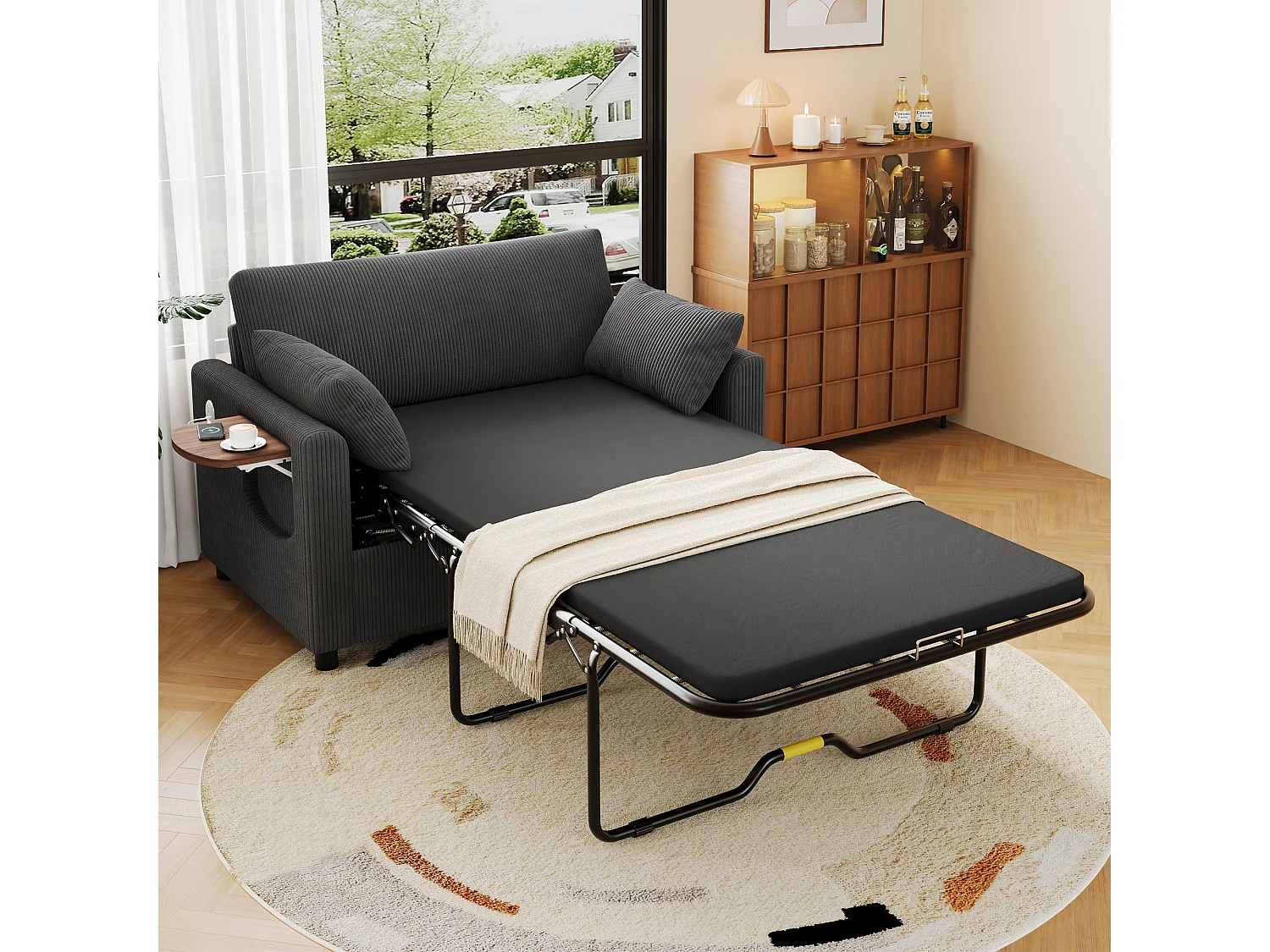 Canapé convertible extensible - 134 x 82 x 84 cm - avec USB + table pliante +  matelas + 2 draps et 2 oreillers - velours - gris