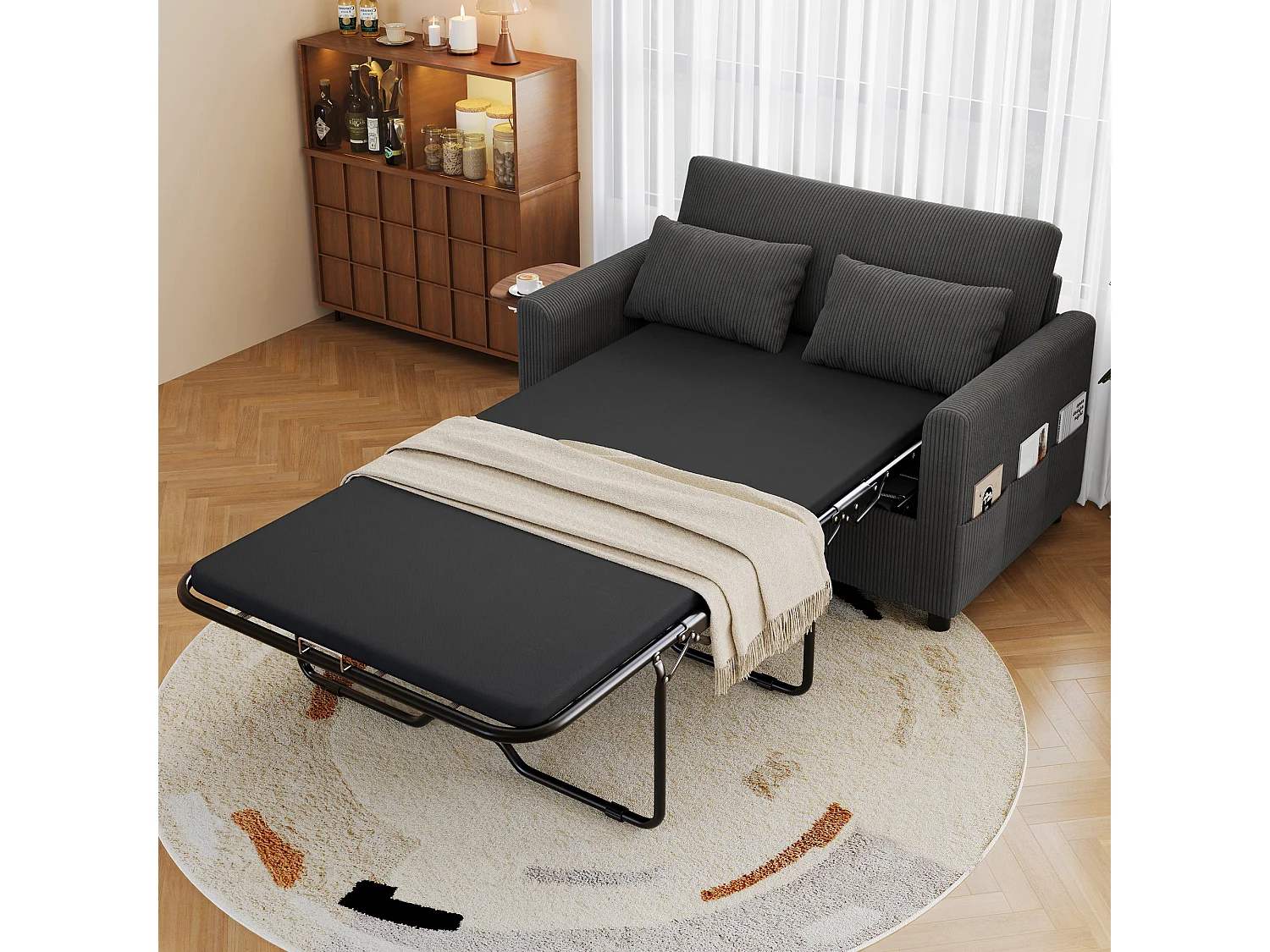 Canapé convertible extensible - 134 x 82 x 84 cm - avec USB + table pliante +  matelas + 2 draps et 2 oreillers - velours - gris
