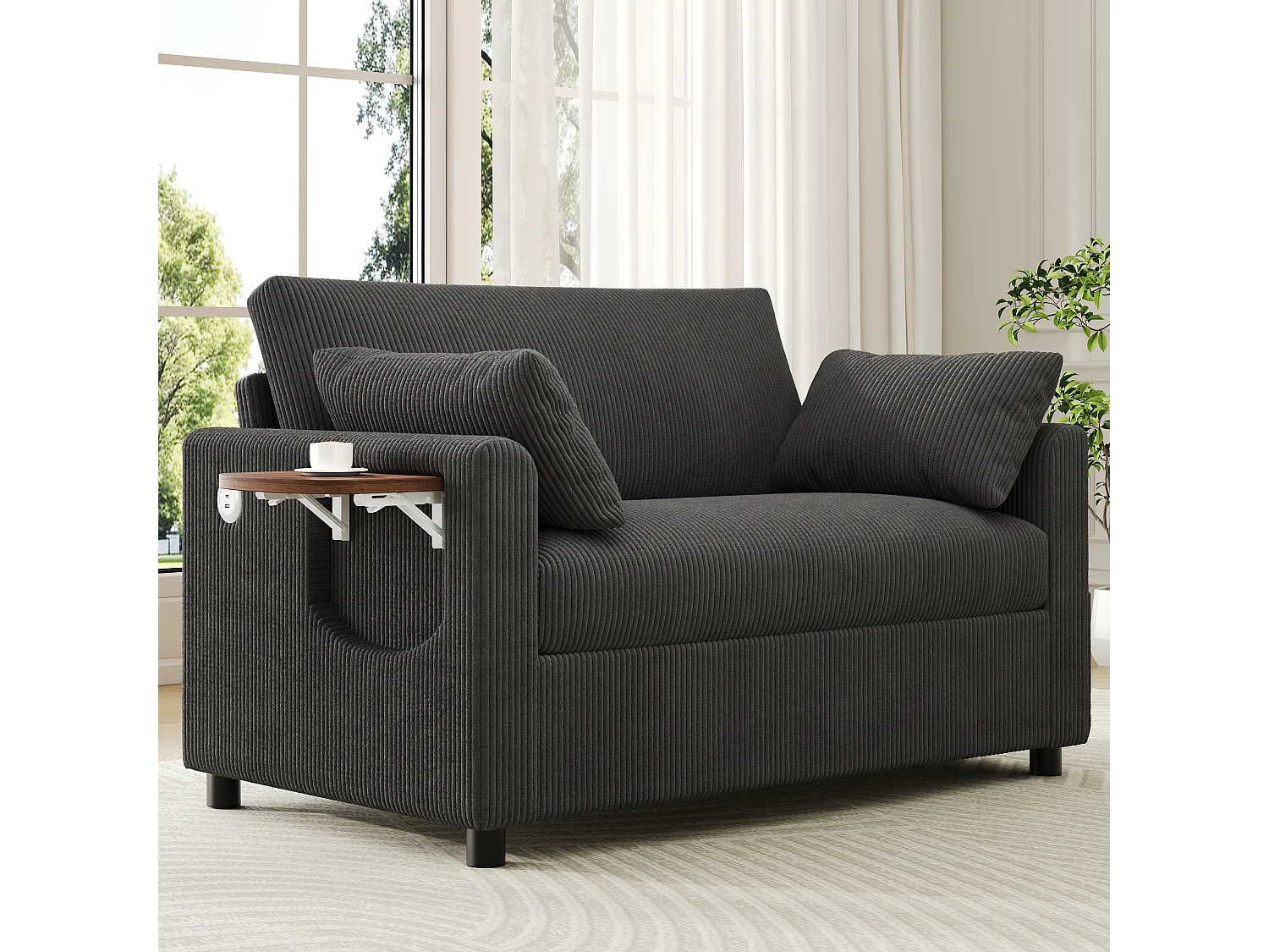 Canapé convertible extensible - 134 x 82 x 84 cm - avec USB + table pliante +  matelas + 2 draps et 2 oreillers - velours - gris