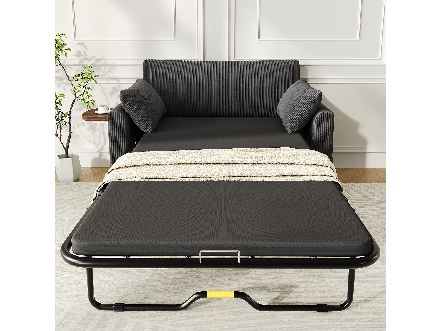 Canapé convertible extensible - 134 x 82 x 84 cm - avec USB + table pliante +  matelas + 2 draps et 2 oreillers - velours - gris