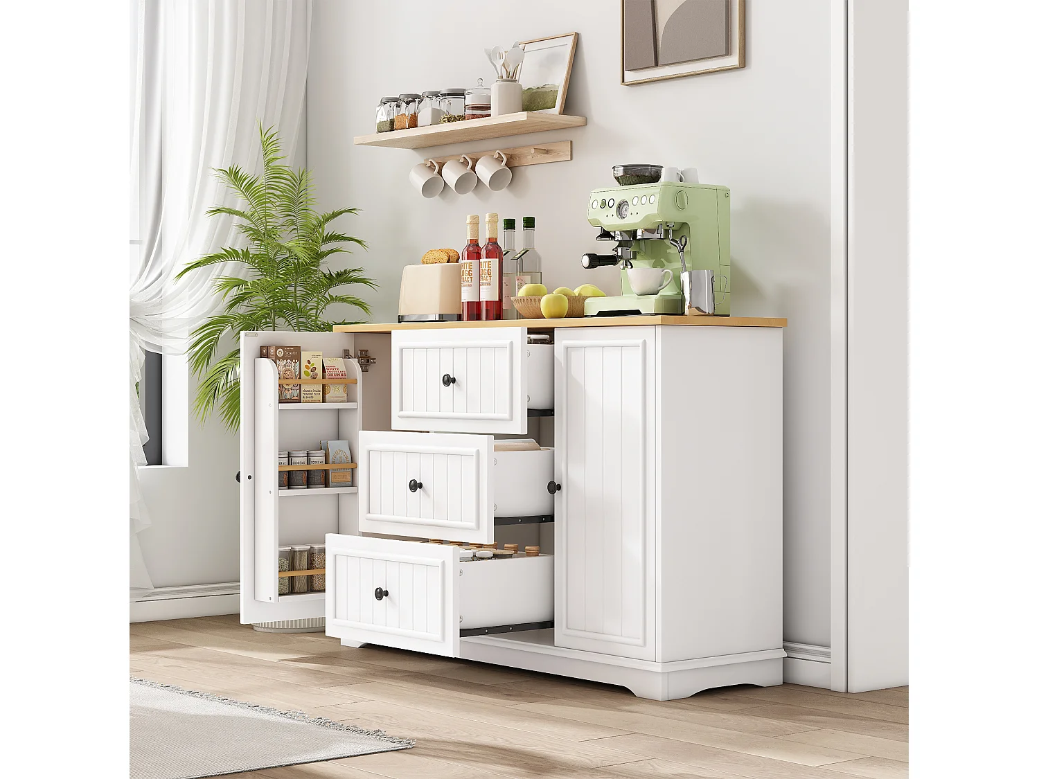 Buffet moderne et élégant - 126 x 40 x 86 cm - avec 3 tiroirs + 2 portes - MDF - blanc