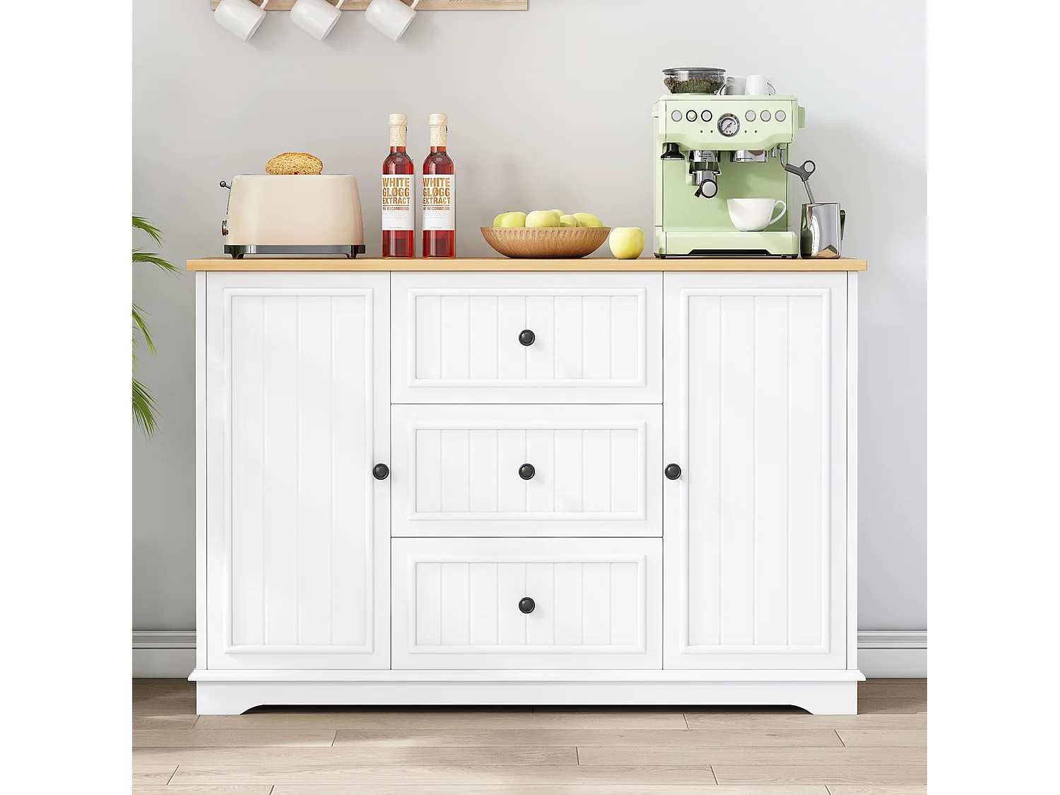 Buffet moderne et élégant - 126 x 40 x 86 cm - avec 3 tiroirs + 2 portes - MDF - blanc