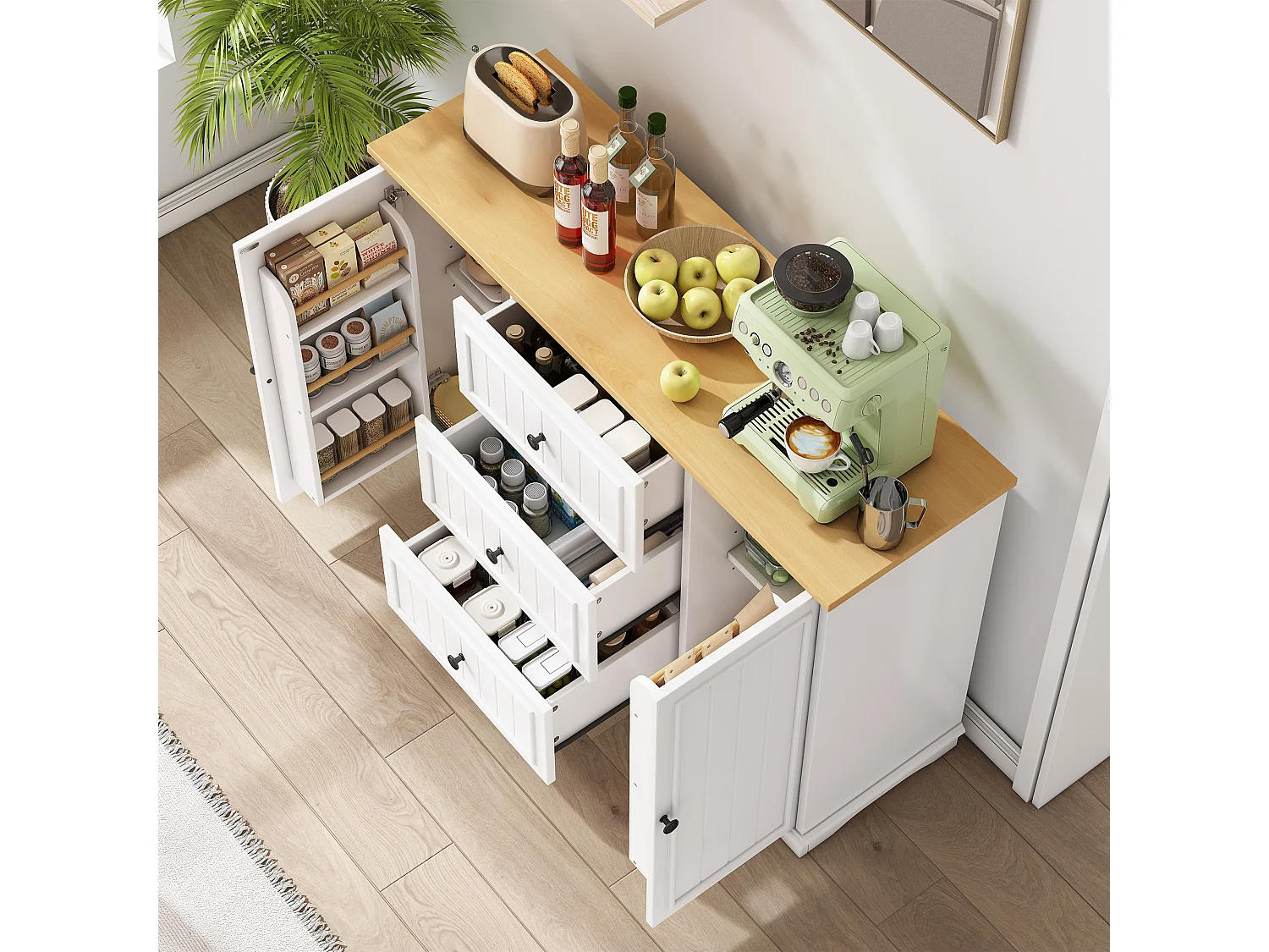 Buffet moderne et élégant - 126 x 40 x 86 cm - avec 3 tiroirs + 2 portes - MDF - blanc