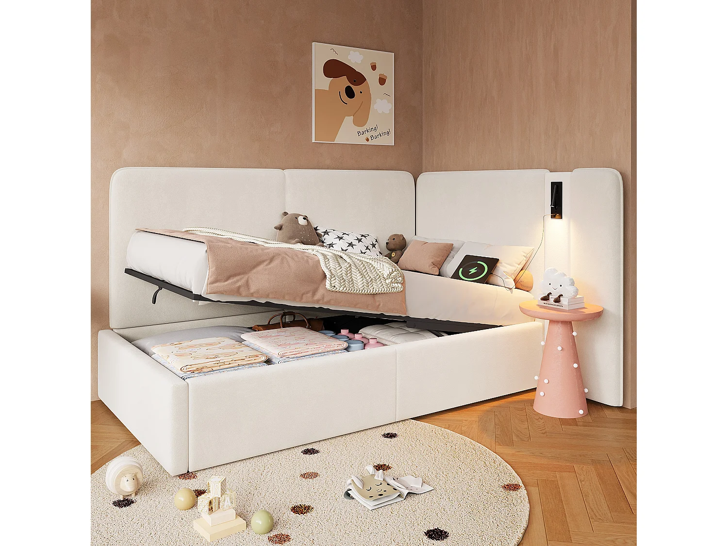 Lit banquette capitonné pour enfant - 90 x 200 cm - avec rangement hydraulique + USB + lampe de lecture - velours - beige