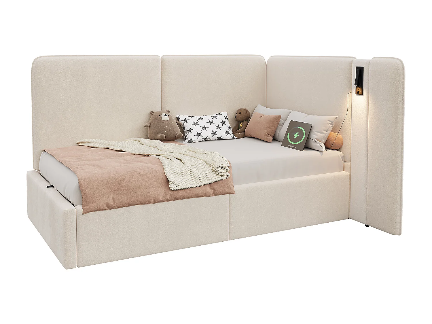 Lit banquette capitonné pour enfant - 90 x 200 cm - avec rangement hydraulique + USB + lampe de lecture - velours - beige