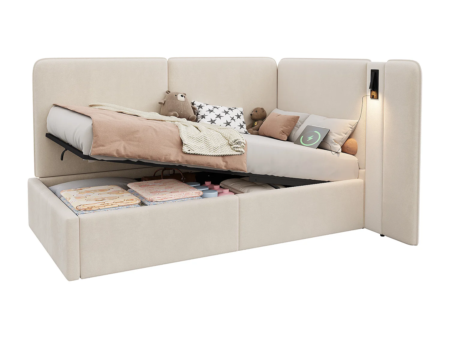 Lit banquette capitonné pour enfant - 90 x 200 cm - avec rangement hydraulique + USB + lampe de lecture - velours - beige