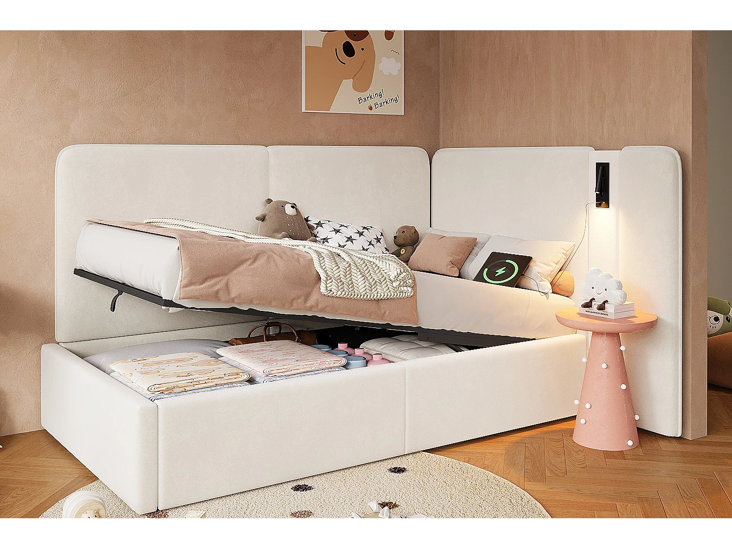 Lit banquette capitonné pour enfant - 90 x 200 cm - avec rangement hydraulique + USB + lampe de lecture - velours - beige