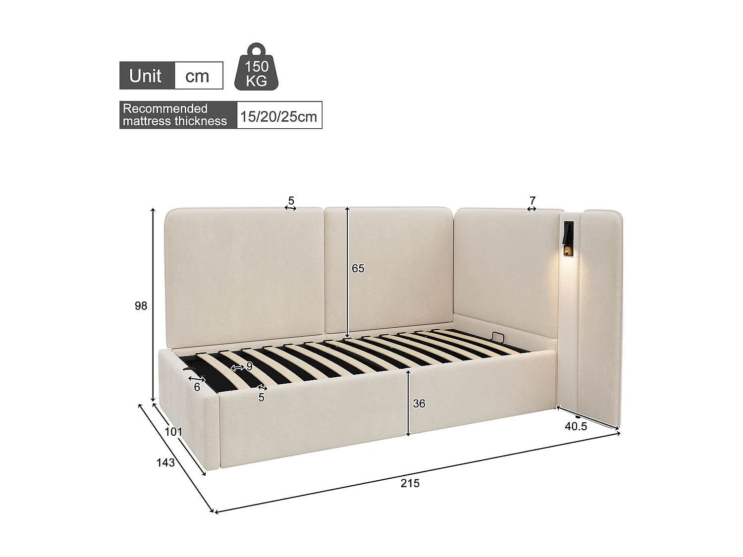 Lit banquette capitonné pour enfant - 90 x 200 cm - avec rangement hydraulique + USB + lampe de lecture - velours - beige