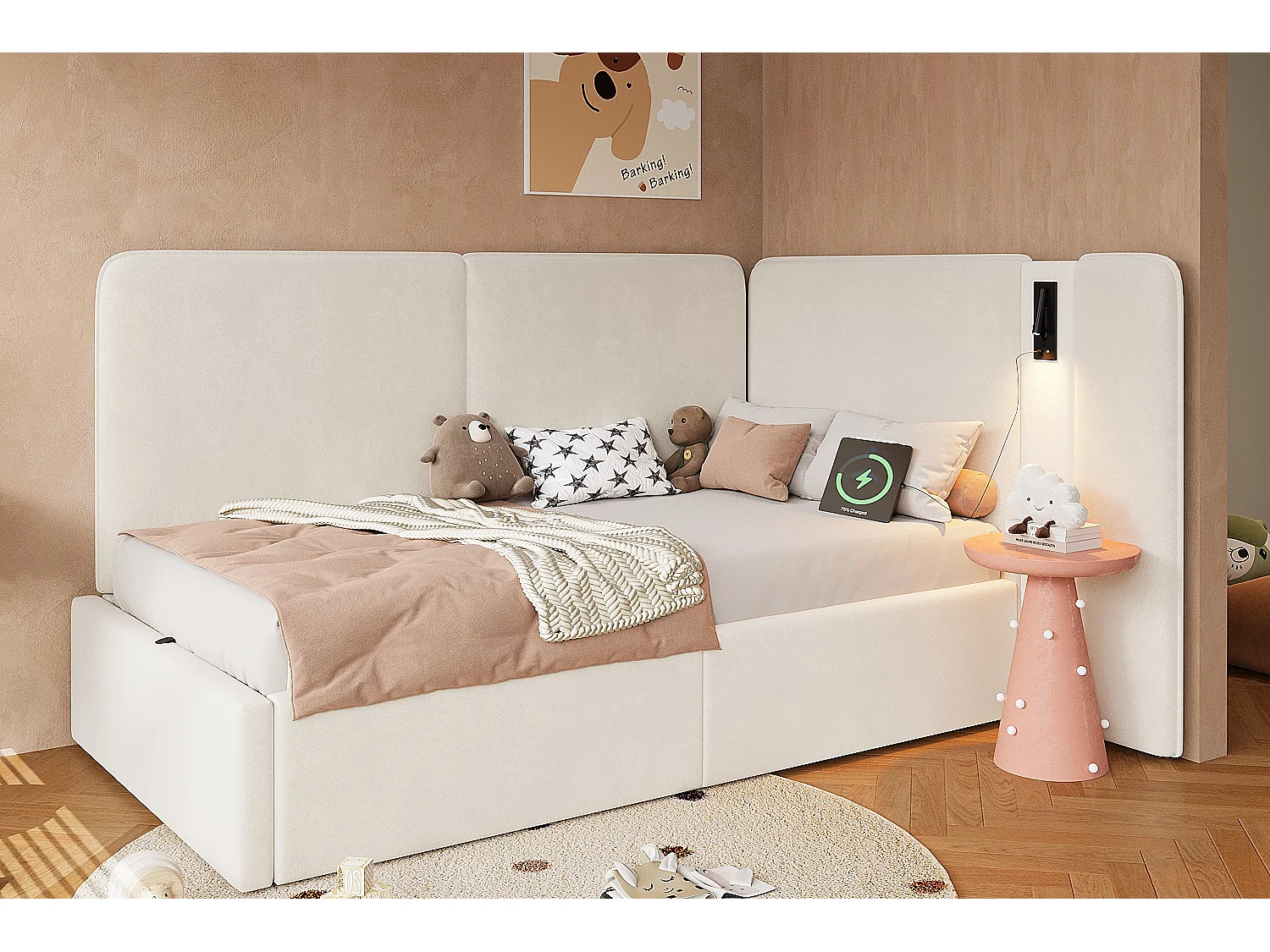 Lit banquette capitonné pour enfant - 90 x 200 cm - avec rangement hydraulique + USB + lampe de lecture - velours - beige
