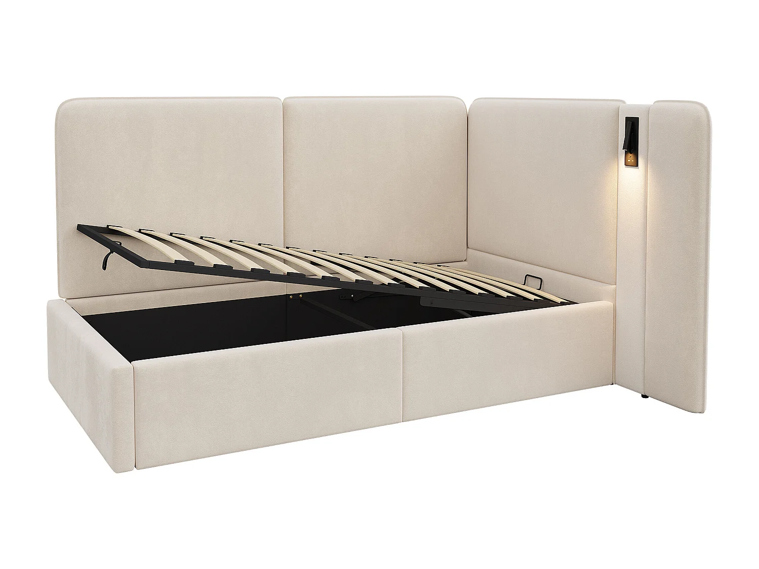 Lit banquette capitonné pour enfant - 90 x 200 cm - avec rangement hydraulique + USB + lampe de lecture - velours - beige