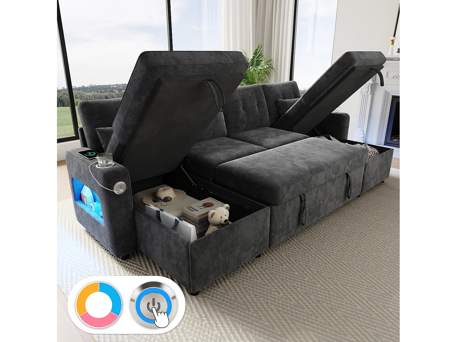 Canapé convertible 4 places en forme de U - 266 x 131 x 85 cm - avec rangement + Leds + USB - velours - gris