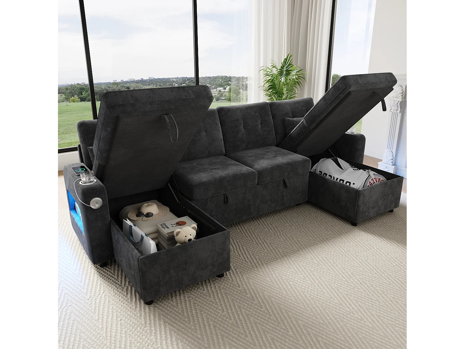 Canapé convertible 4 places en forme de U - 266 x 131 x 85 cm - avec rangement + Leds + USB - velours - gris