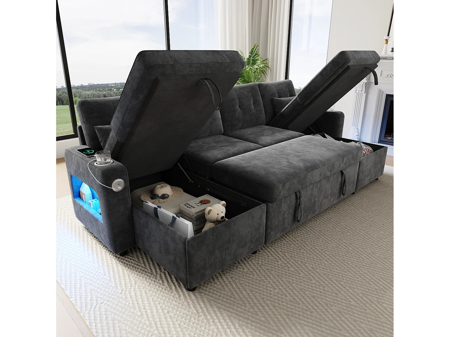 Canapé convertible 4 places en forme de U - 266 x 131 x 85 cm - avec rangement + Leds + USB - velours - gris
