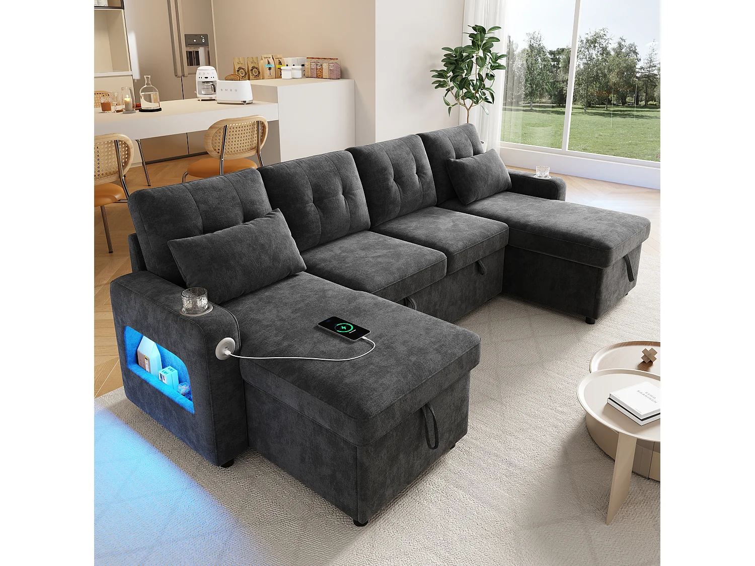 Canapé convertible 4 places en forme de U - 266 x 131 x 85 cm - avec rangement + Leds + USB - velours - gris