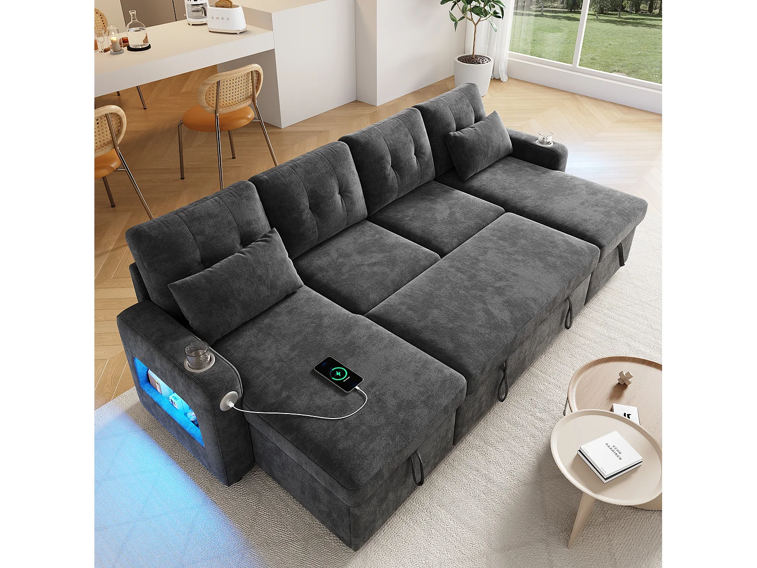 Canapé convertible 4 places en forme de U - 266 x 131 x 85 cm - avec rangement + Leds + USB - velours - gris