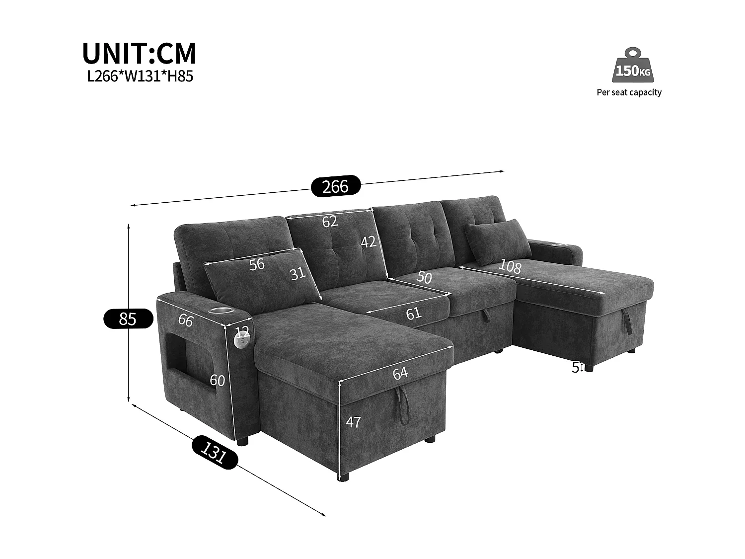 Canapé convertible 4 places en forme de U - 266 x 131 x 85 cm - avec rangement + Leds + USB - velours - gris