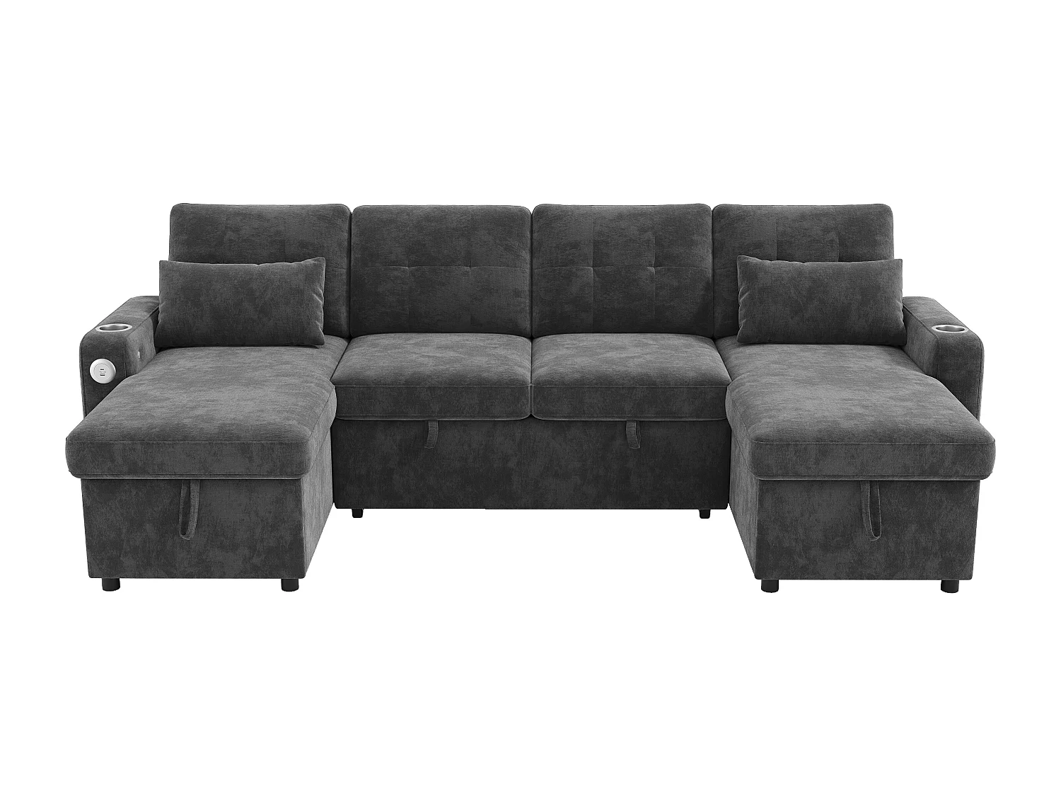 Canapé convertible 4 places en forme de U - 266 x 131 x 85 cm - avec rangement + Leds + USB - velours - gris