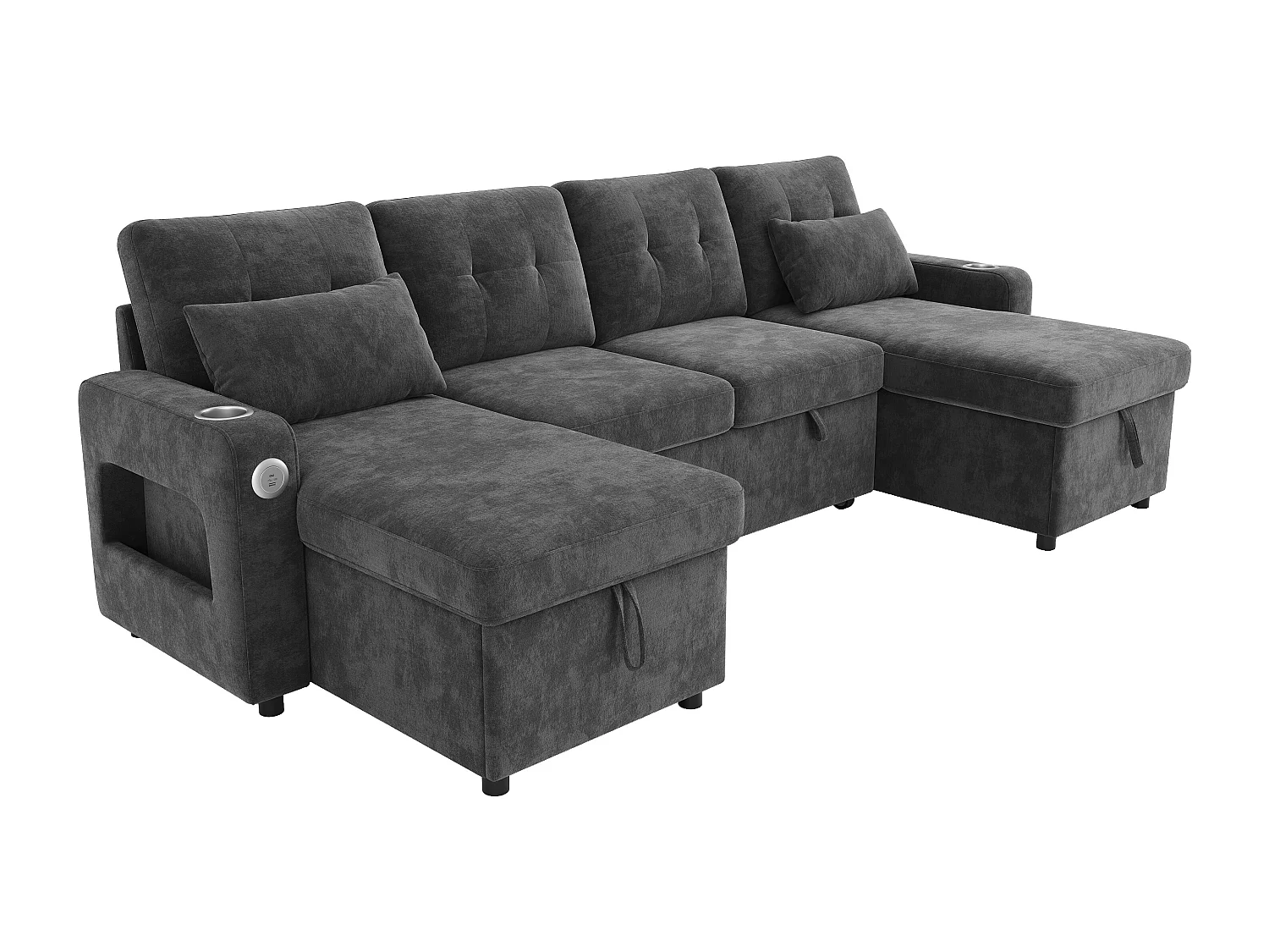 Canapé convertible 4 places en forme de U - 266 x 131 x 85 cm - avec rangement + Leds + USB - velours - gris