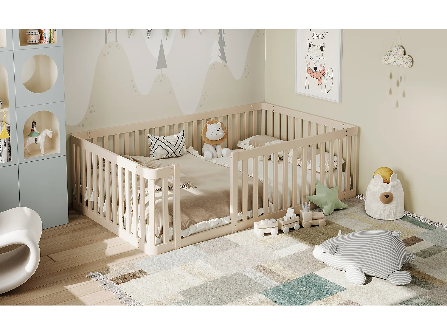 Drewniana rama łóżka dziecięcego - 90 x 200 cm - z barierką - bez stelaża - kremowa