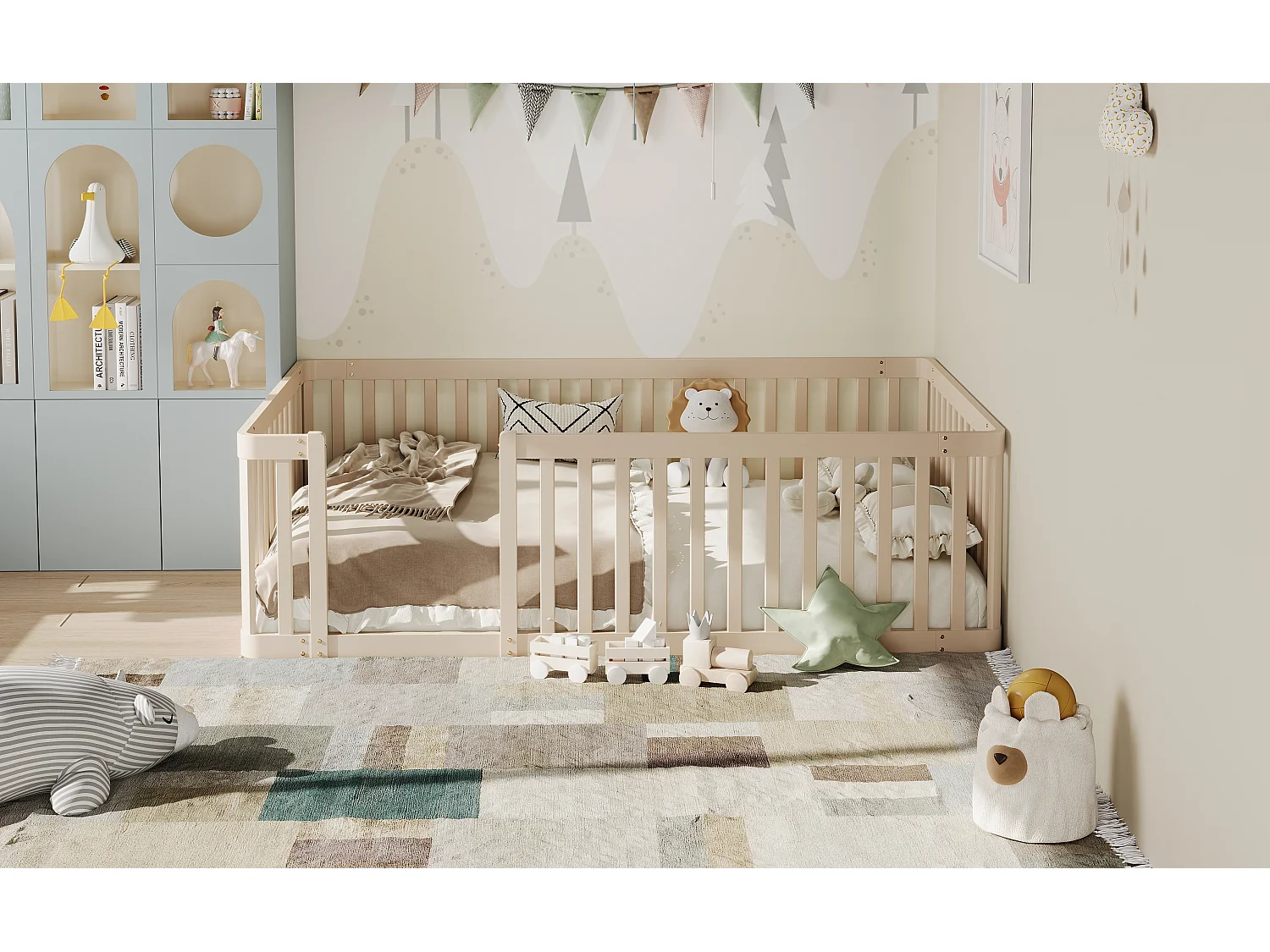 Drewniana rama łóżka dziecięcego - 90 x 200 cm - z barierką - bez stelaża - kremowa