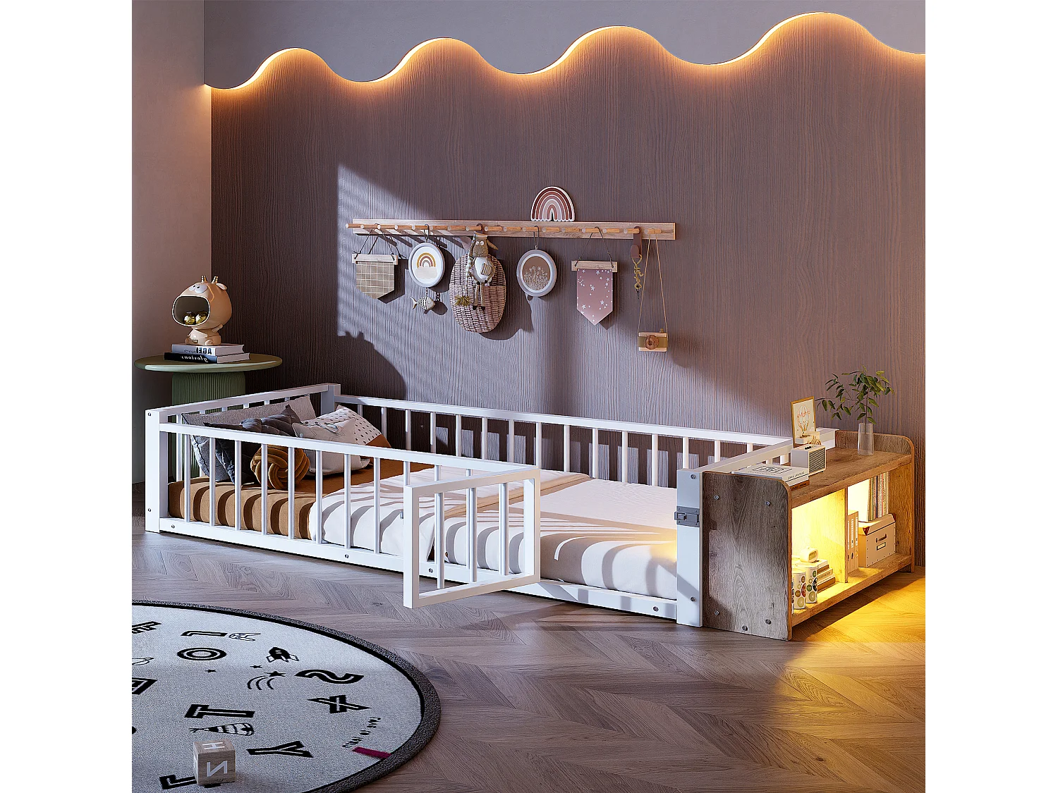 Lit plat en métal pour enfant - 90 x 200 cm - avec barrière de sécurité + rangement + Leds - MDF + métal - blanc