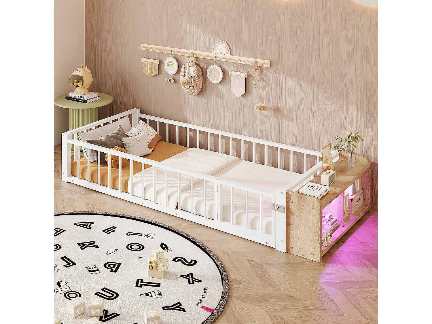 Lit plat en métal pour enfant - 90 x 200 cm - avec barrière de sécurité + rangement + Leds - MDF + métal - blanc