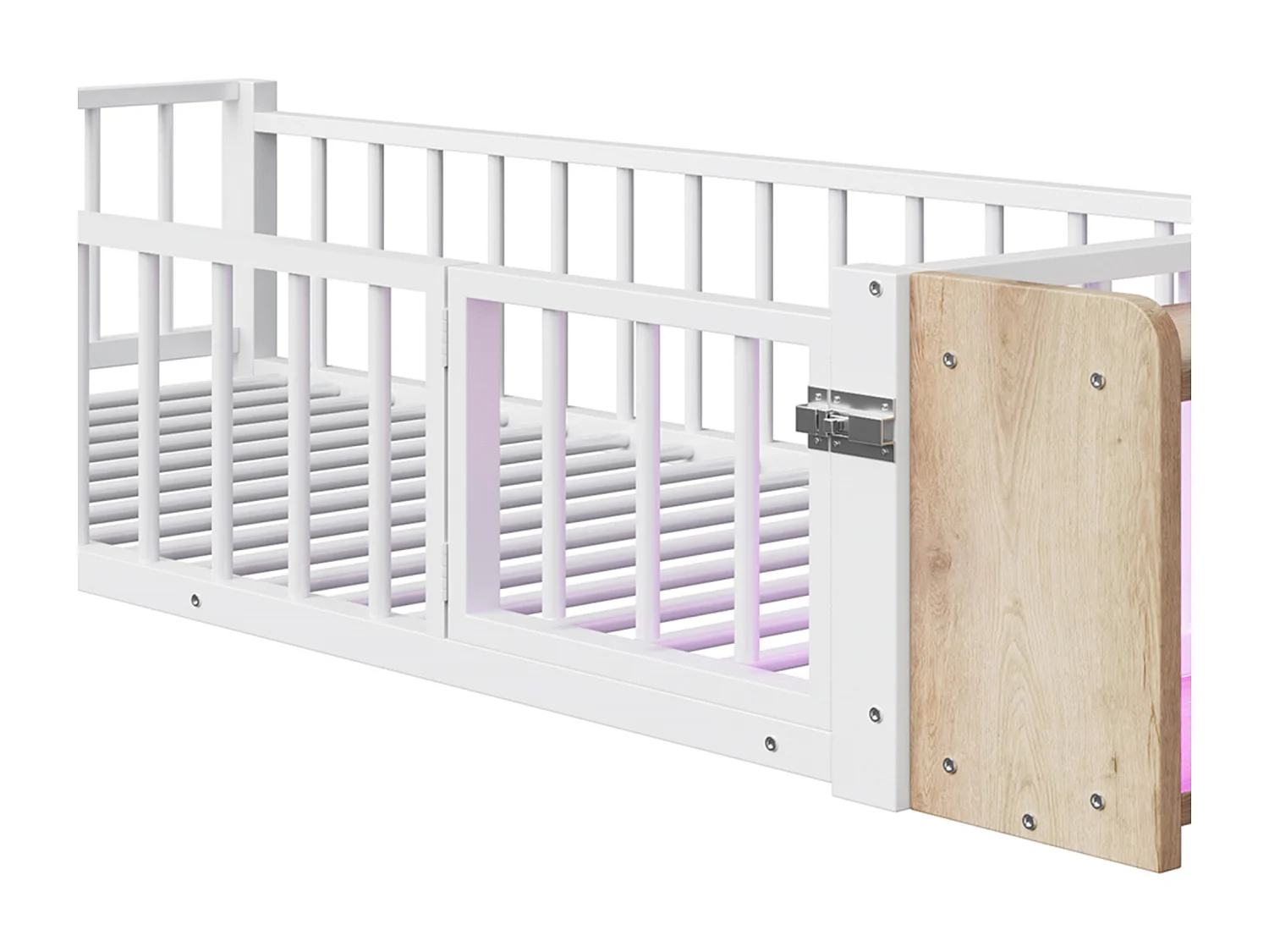 Lit plat en métal pour enfant - 90 x 200 cm - avec barrière de sécurité + rangement + Leds - MDF + métal - blanc