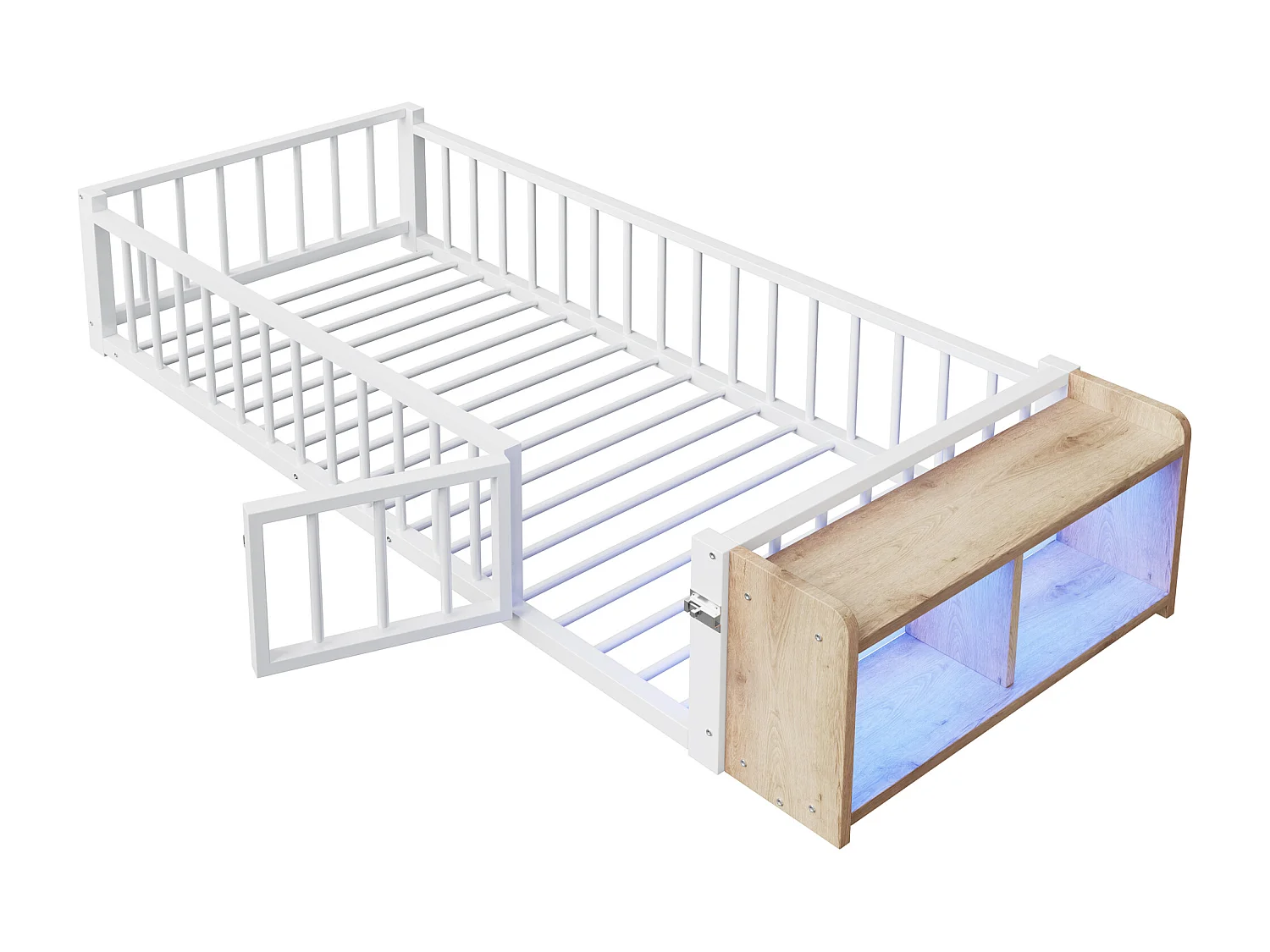 Lit plat en métal pour enfant - 90 x 200 cm - avec barrière de sécurité + rangement + Leds - MDF + métal - blanc