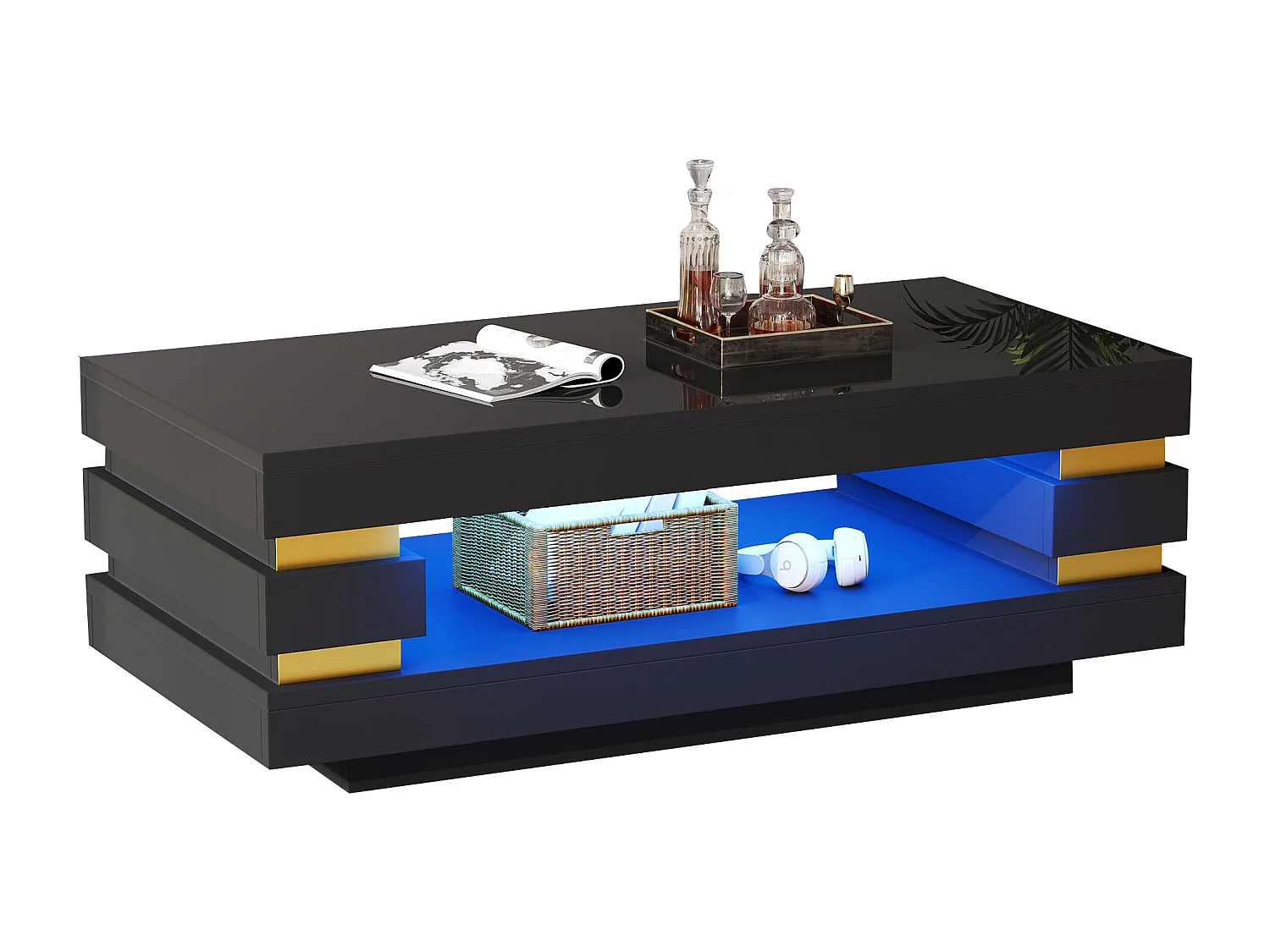 Moderner Couchtisch – 100 x 50 x 35 cm – mit zentraler Ablagefläche und LEDs – Spanplatte – schwarz