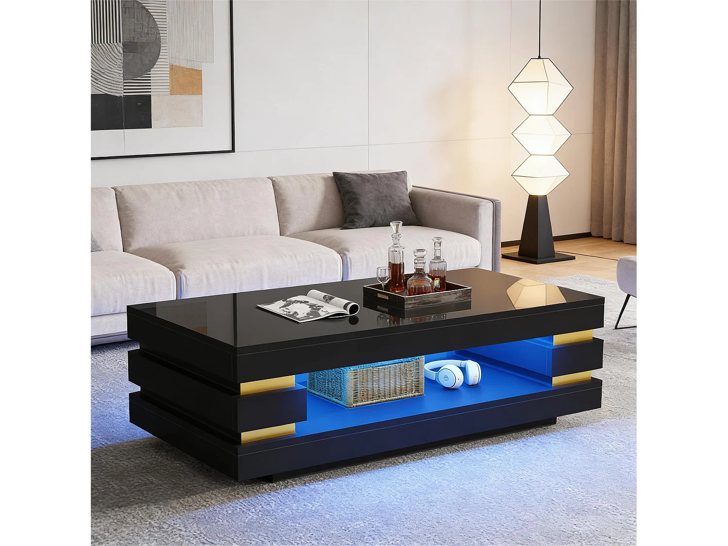 Moderner Couchtisch – 100 x 50 x 35 cm – mit zentraler Ablagefläche und LEDs – Spanplatte – schwarz