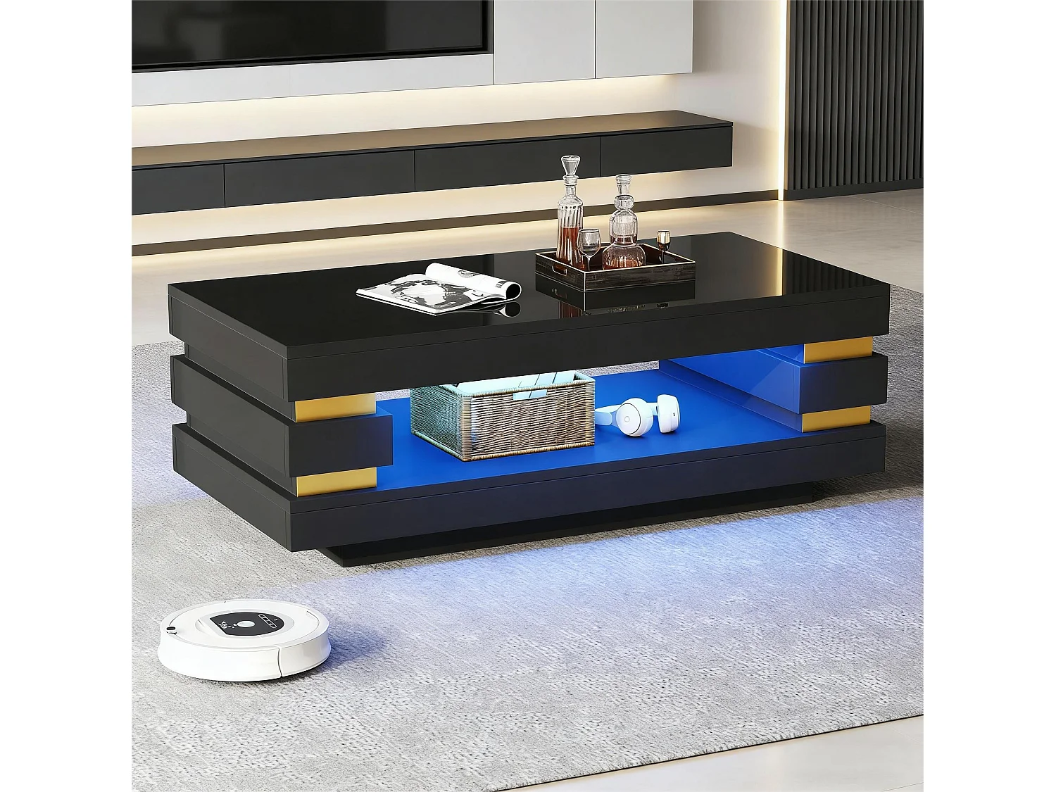 Moderner Couchtisch – 100 x 50 x 35 cm – mit zentraler Ablagefläche und LEDs – Spanplatte – schwarz