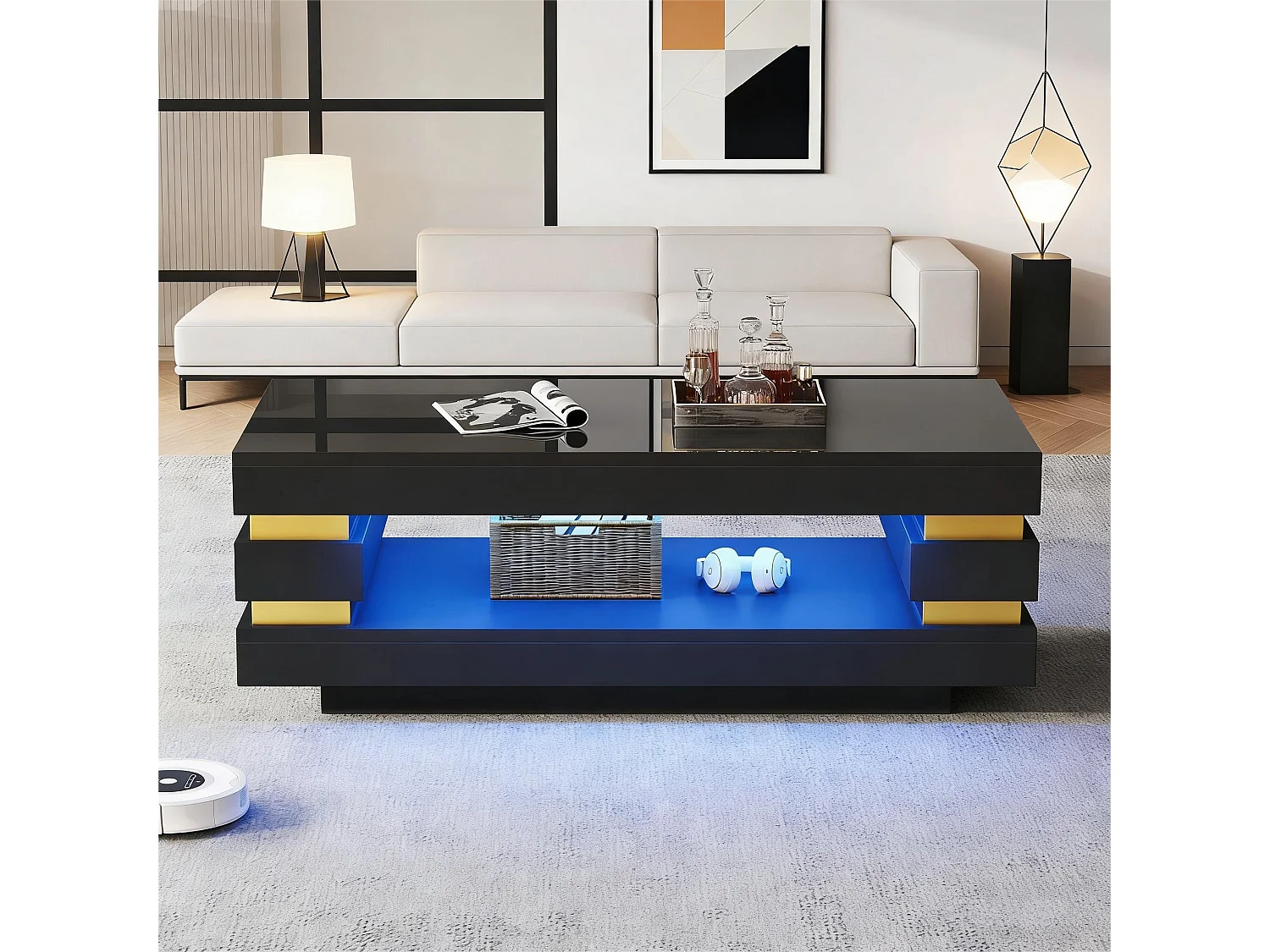 Moderner Couchtisch – 100 x 50 x 35 cm – mit zentraler Ablagefläche und LEDs – Spanplatte – schwarz