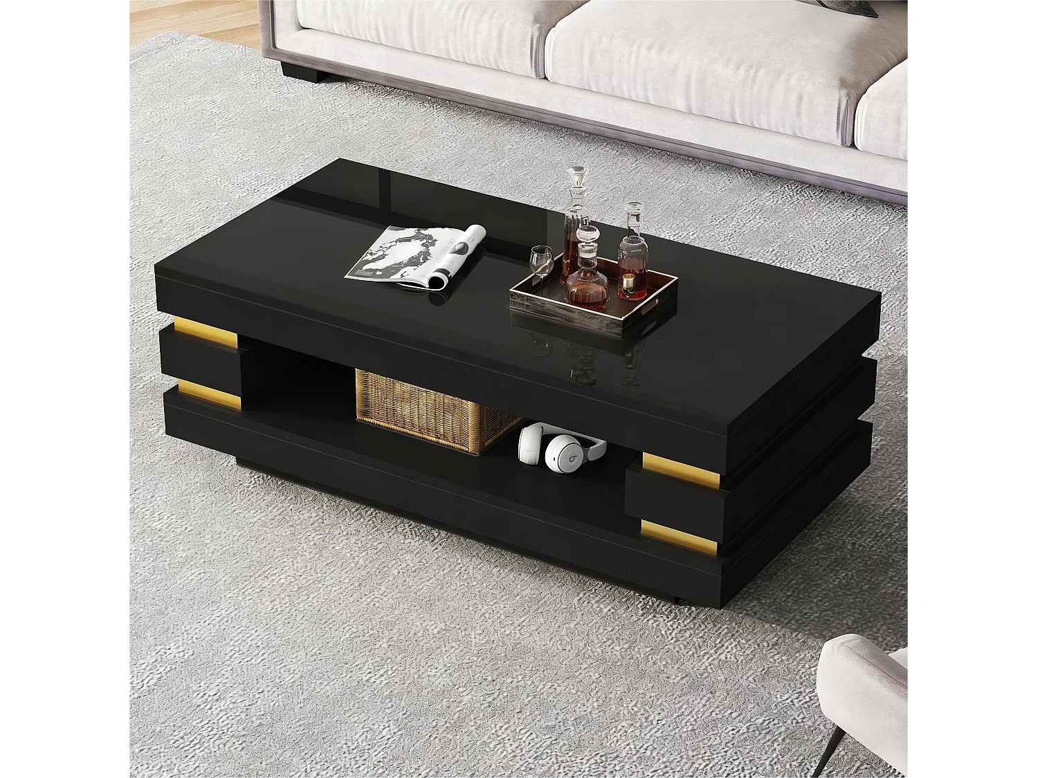 Moderner Couchtisch – 100 x 50 x 35 cm – mit zentraler Ablagefläche und LEDs – Spanplatte – schwarz