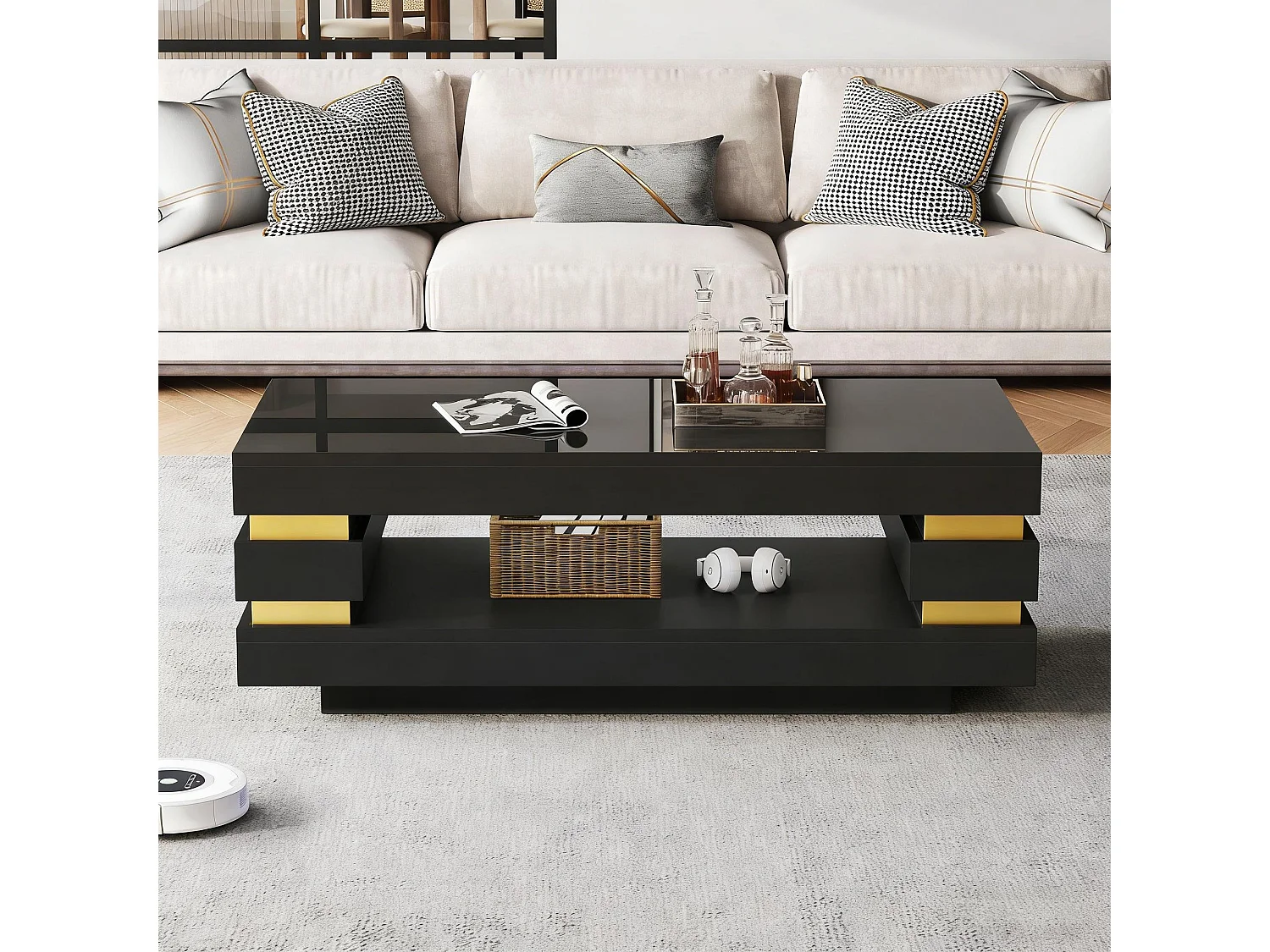 Moderner Couchtisch – 100 x 50 x 35 cm – mit zentraler Ablagefläche und LEDs – Spanplatte – schwarz