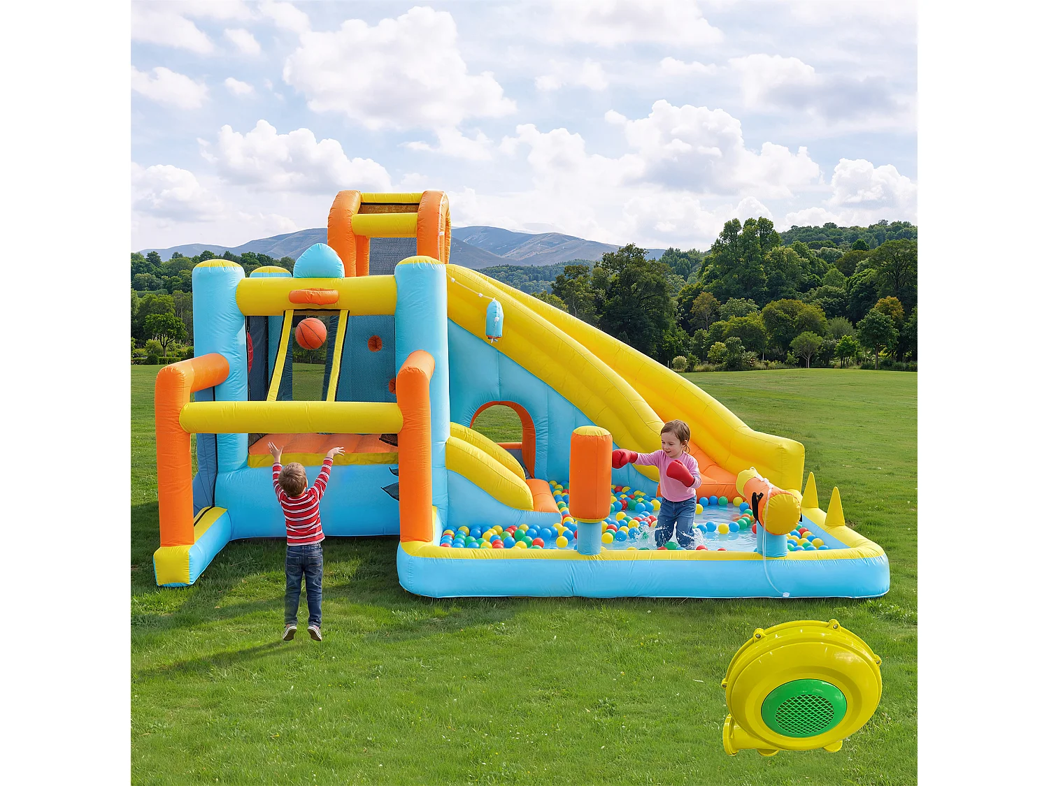 Château gonflable pour enfants（3-10 ans) 4 places - 405 x 416 x 218 cm - avec toboggan + piscine + souffleur - Oxford - Multicolore