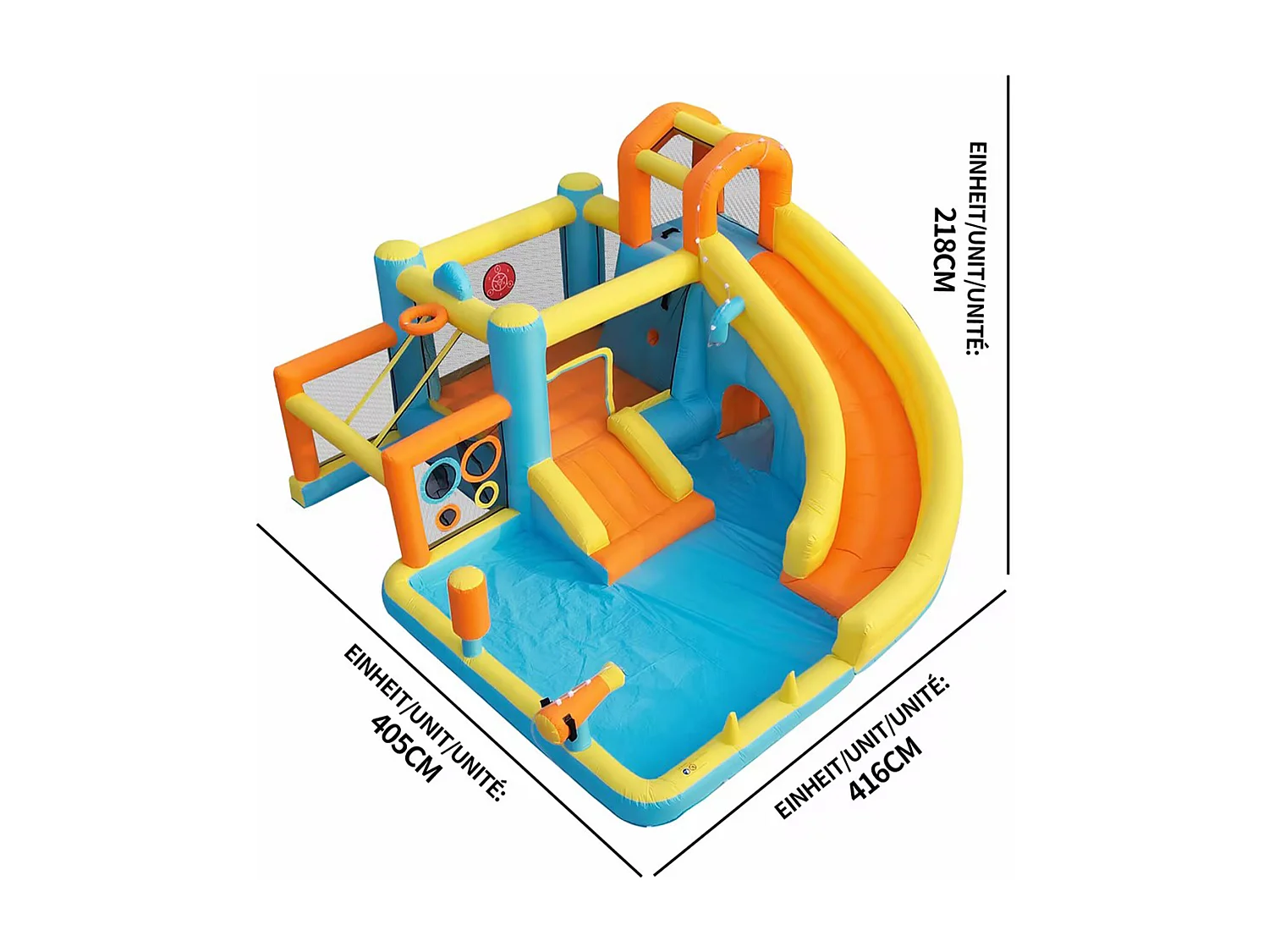 Château gonflable pour enfants（3-10 ans) 4 places - 405 x 416 x 218 cm - avec toboggan + piscine + souffleur - Oxford - Multicolore