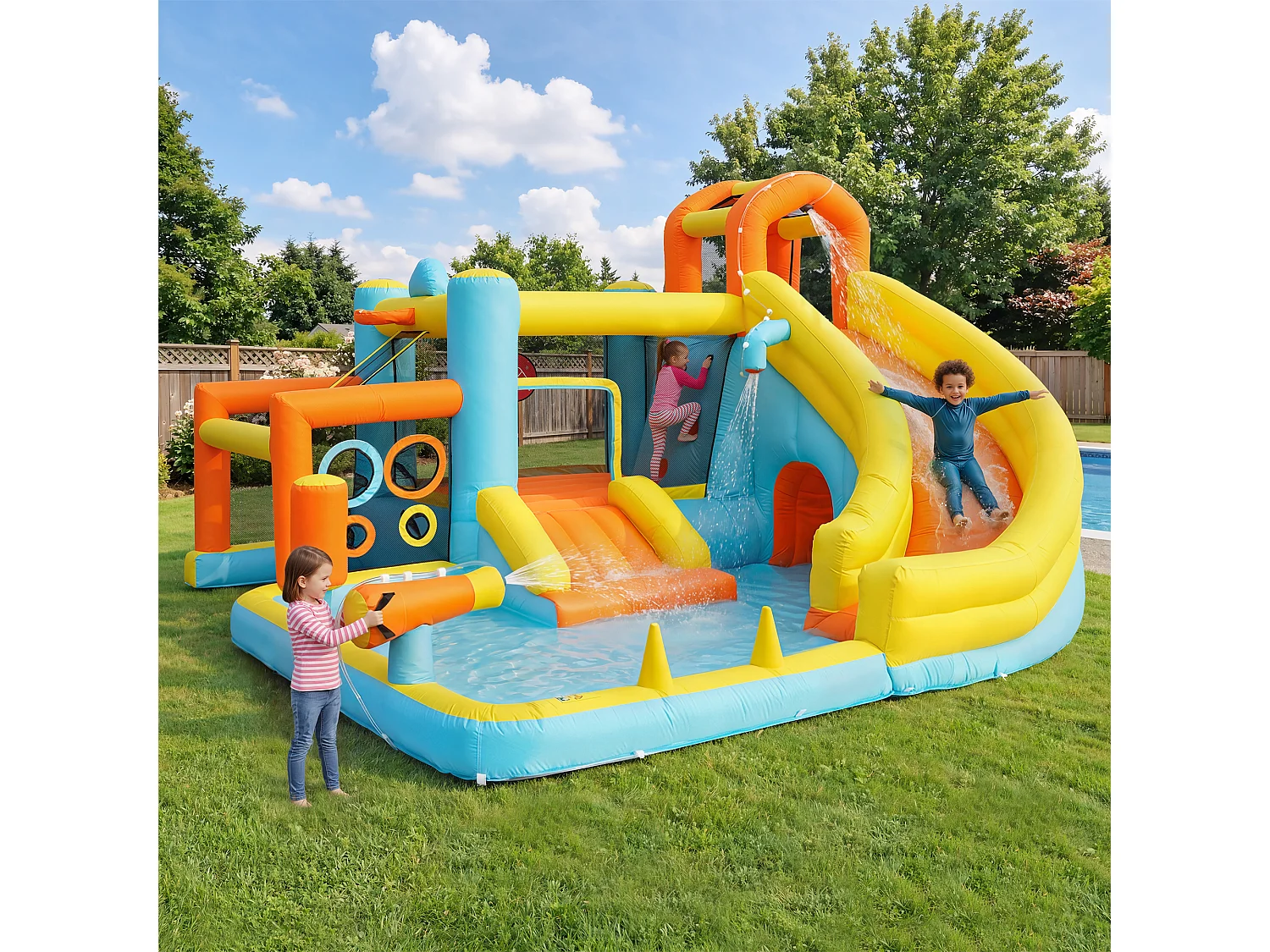 Château gonflable pour enfants（3-10 ans) 4 places - 405 x 416 x 218 cm - avec toboggan + piscine + souffleur - Oxford - Multicolore