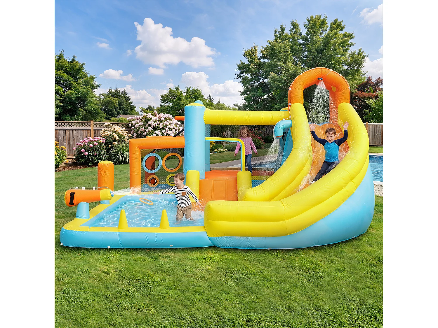 Château gonflable pour enfants（3-10 ans) 4 places - 405 x 416 x 218 cm - avec toboggan + piscine + souffleur - Oxford - Multicolore